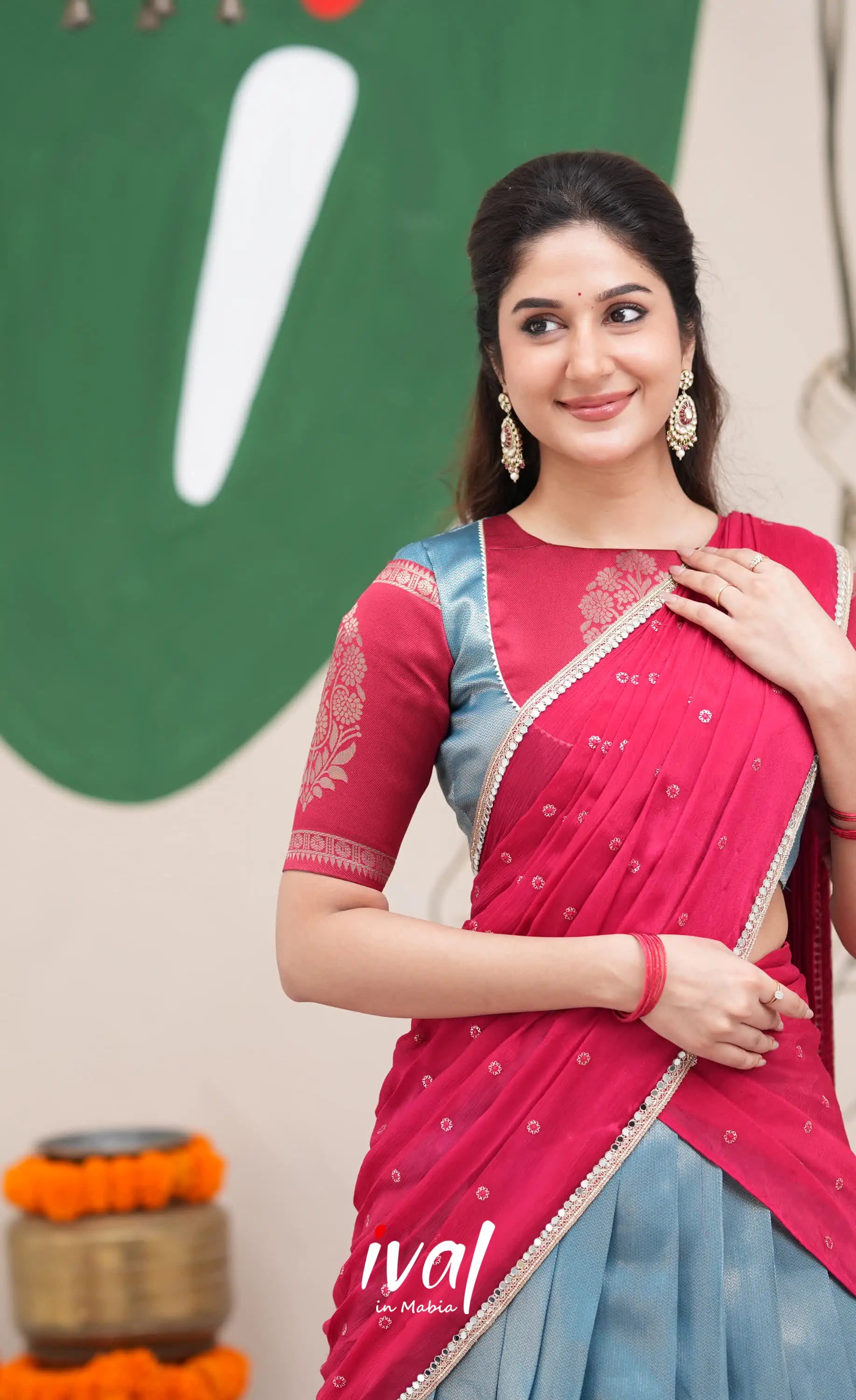 Padmakshi Blue and Red Blended Silk Halfsaree Half Sarees