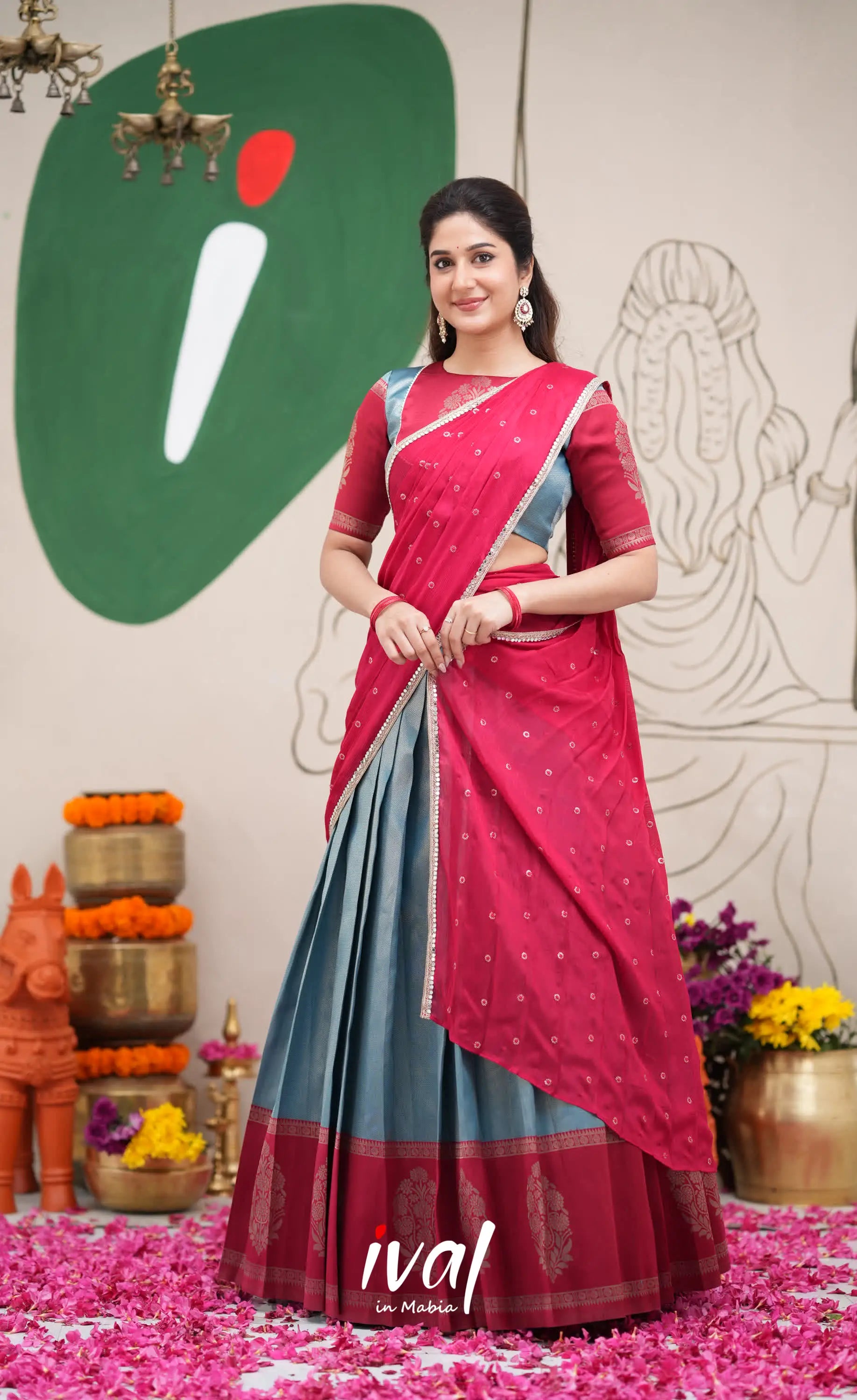 Padmakshi Blue and Red Blended Silk Halfsaree Half Sarees