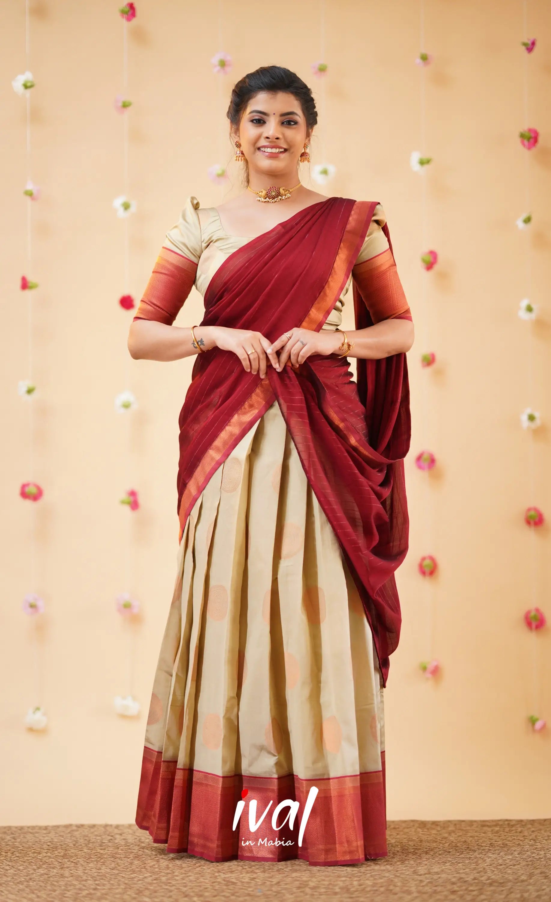 Padmakshi Cream and Reddish Maroon Blended Silk Halfsaree - Half Sarees