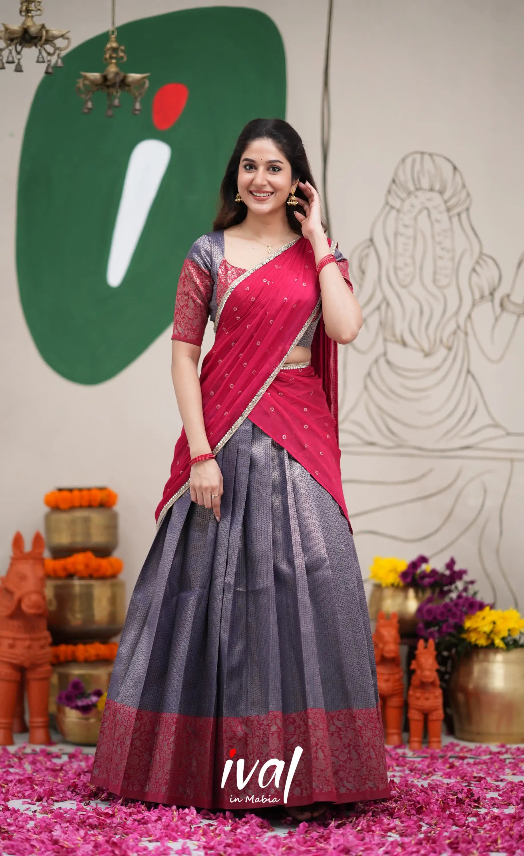 Padmakshi Dark Blue and Red Blended Silk Halfsaree Half Sarees