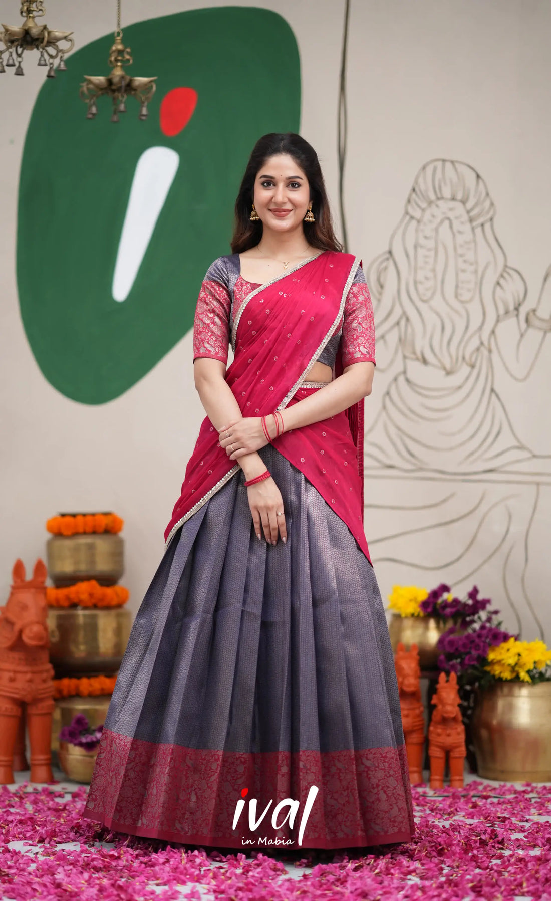 Padmakshi Dark Blue and Red Blended Silk Halfsaree Half Sarees