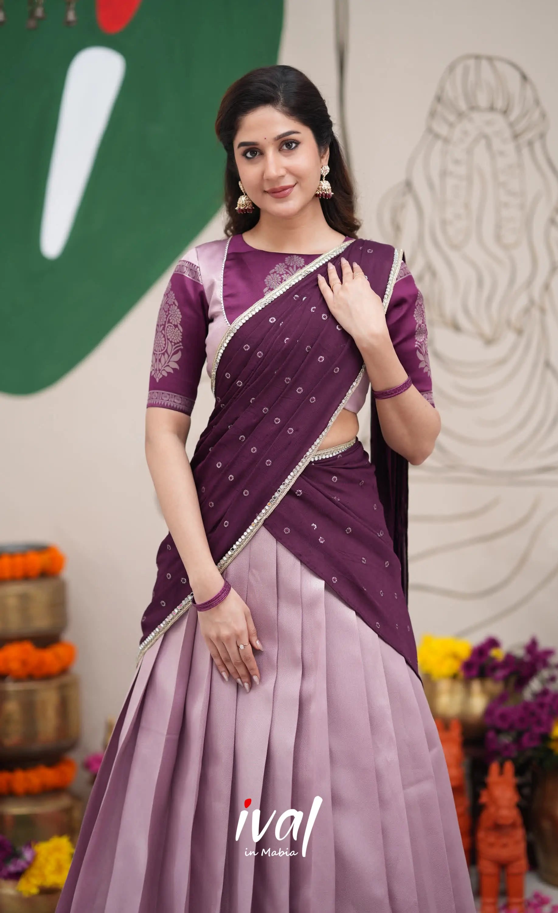 Padmakshi Lavender and Dark Purplish Wine Blended Silk Halfsaree Half Sarees