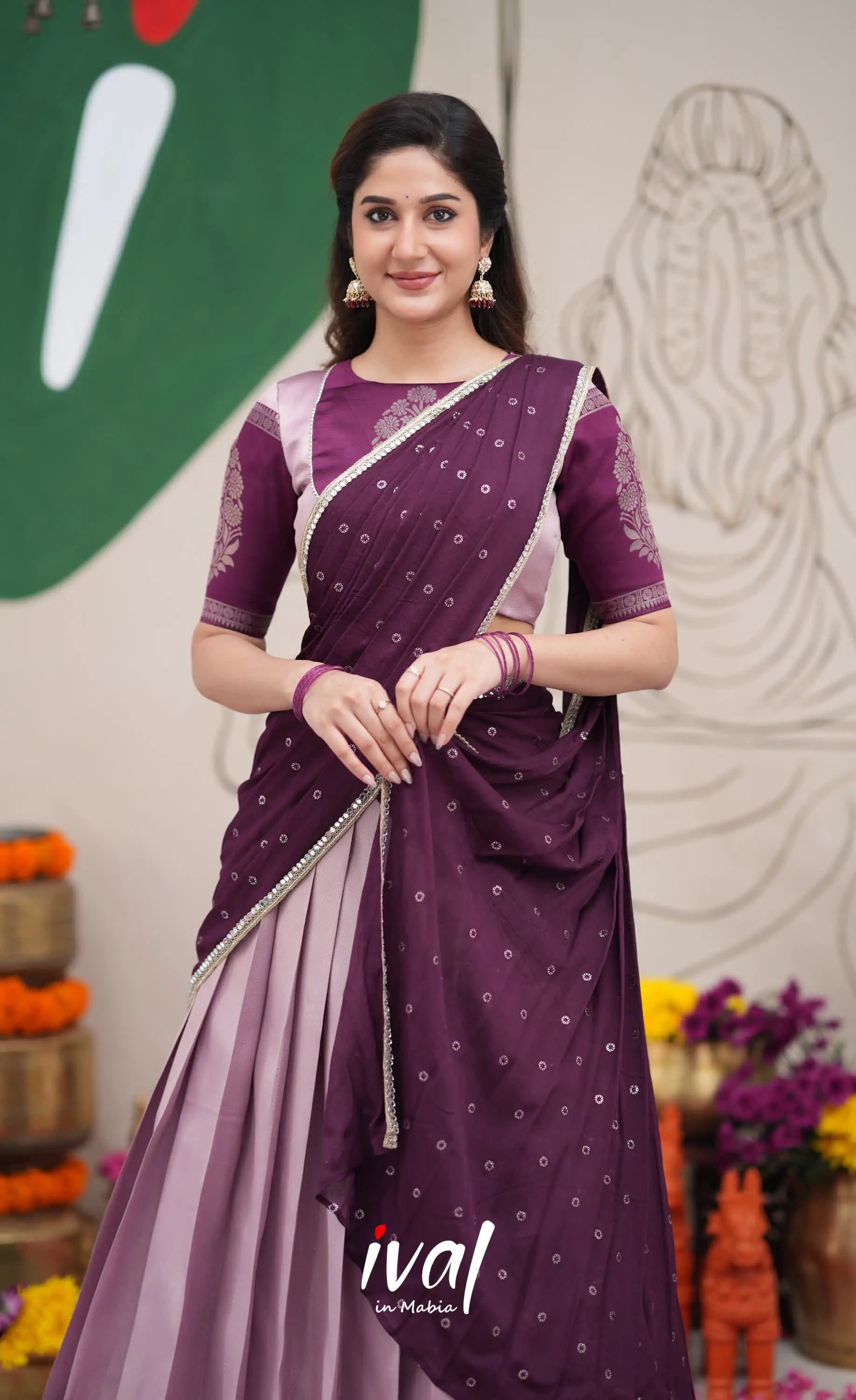 Padmakshi Lavender and Dark Purplish Wine Blended Silk Halfsaree Half Sarees