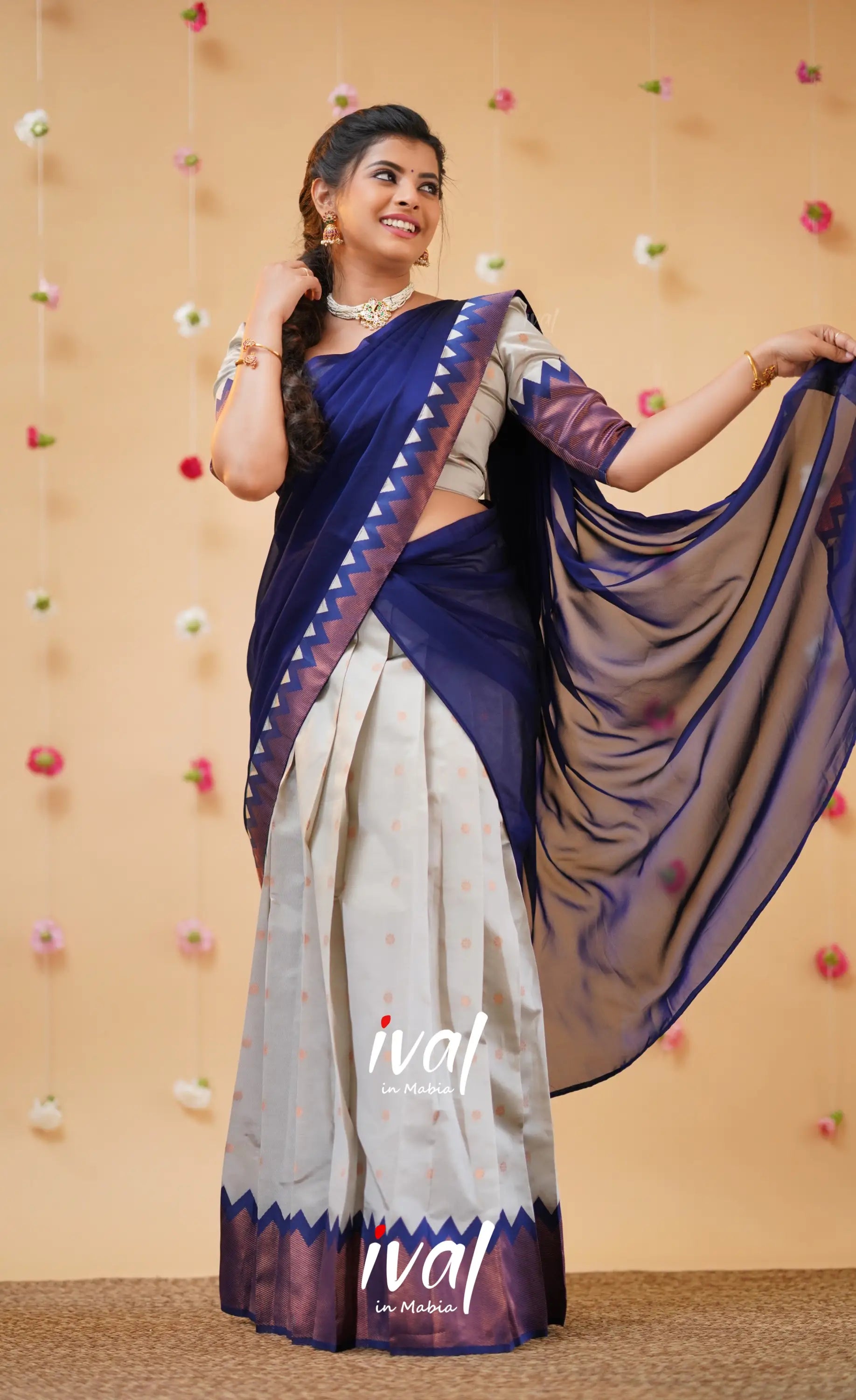 Padmakshi Light Grey and Royal Blue Blended Silk Halfsaree - Half Sarees