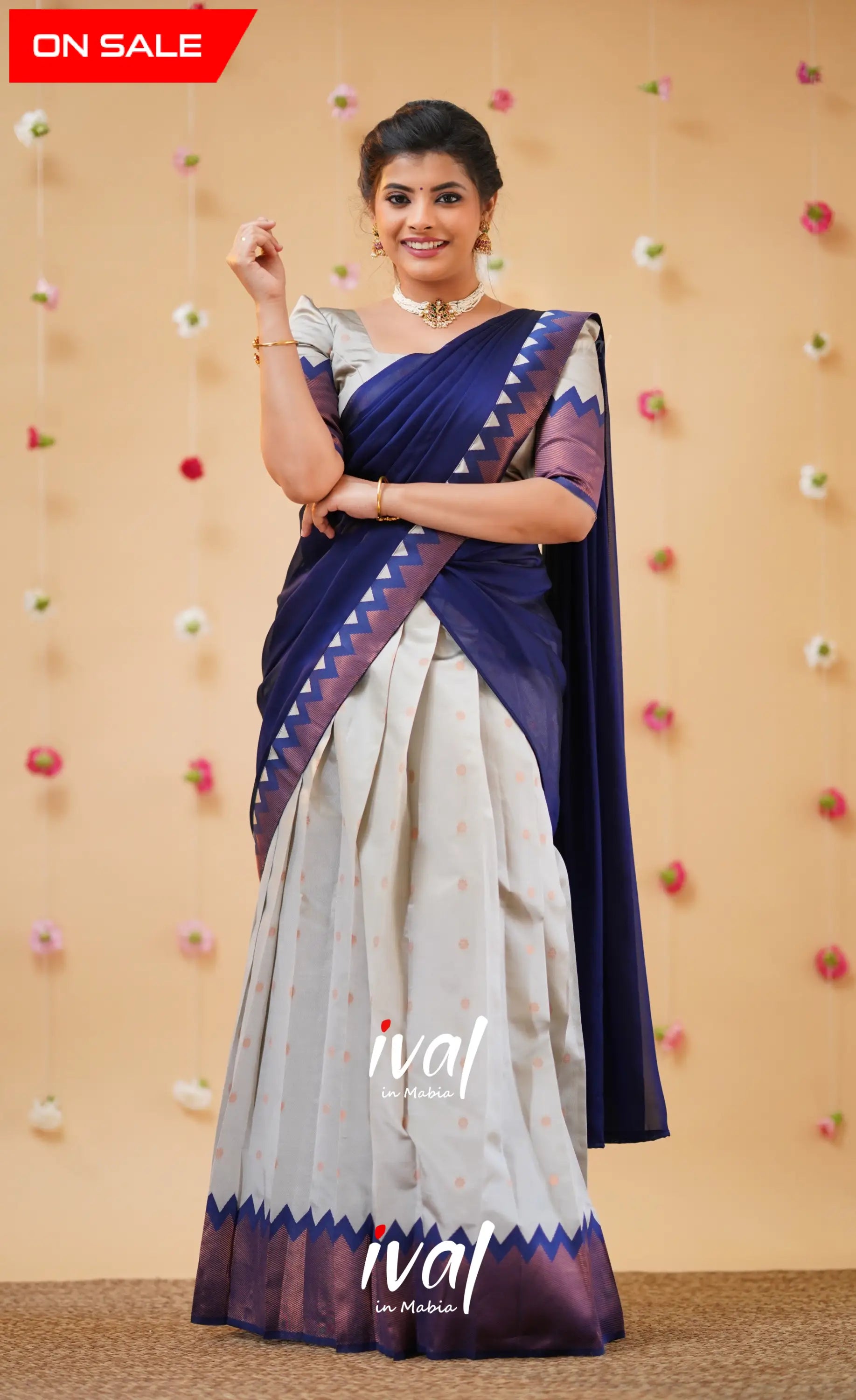 Padmakshi Light Grey and Royal Blue Blended Silk Halfsaree - Half Sarees