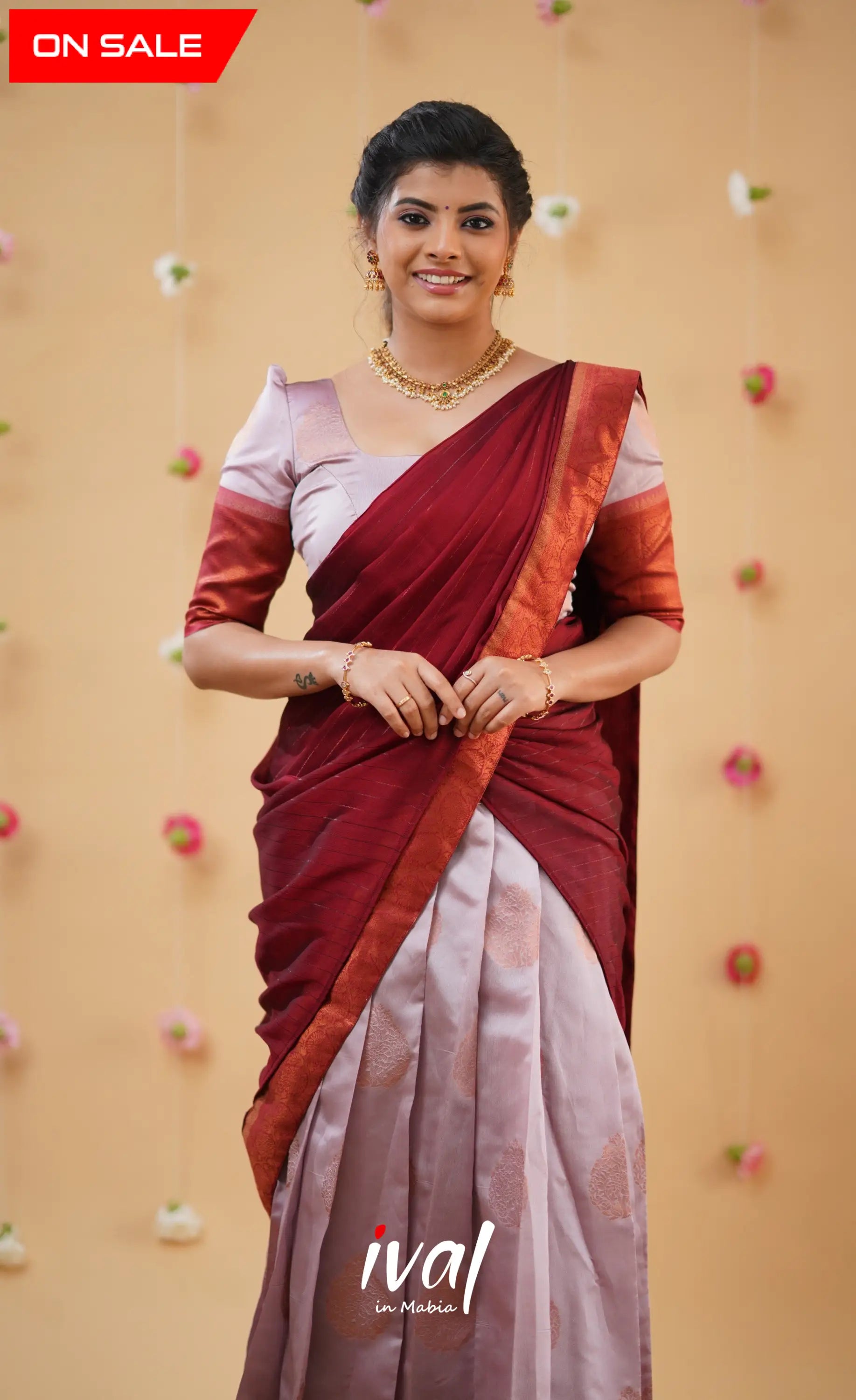 Padmakshi Pastel Pink and Reddish Maroon Blended Silk Halfsaree - Half Sarees
