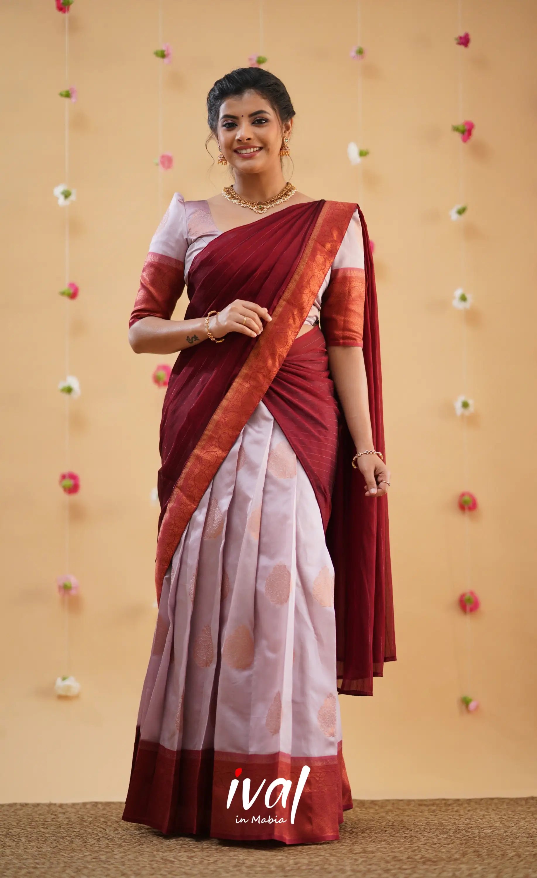 Padmakshi Pastel Pink and Reddish Maroon Blended Silk Halfsaree - Half Sarees