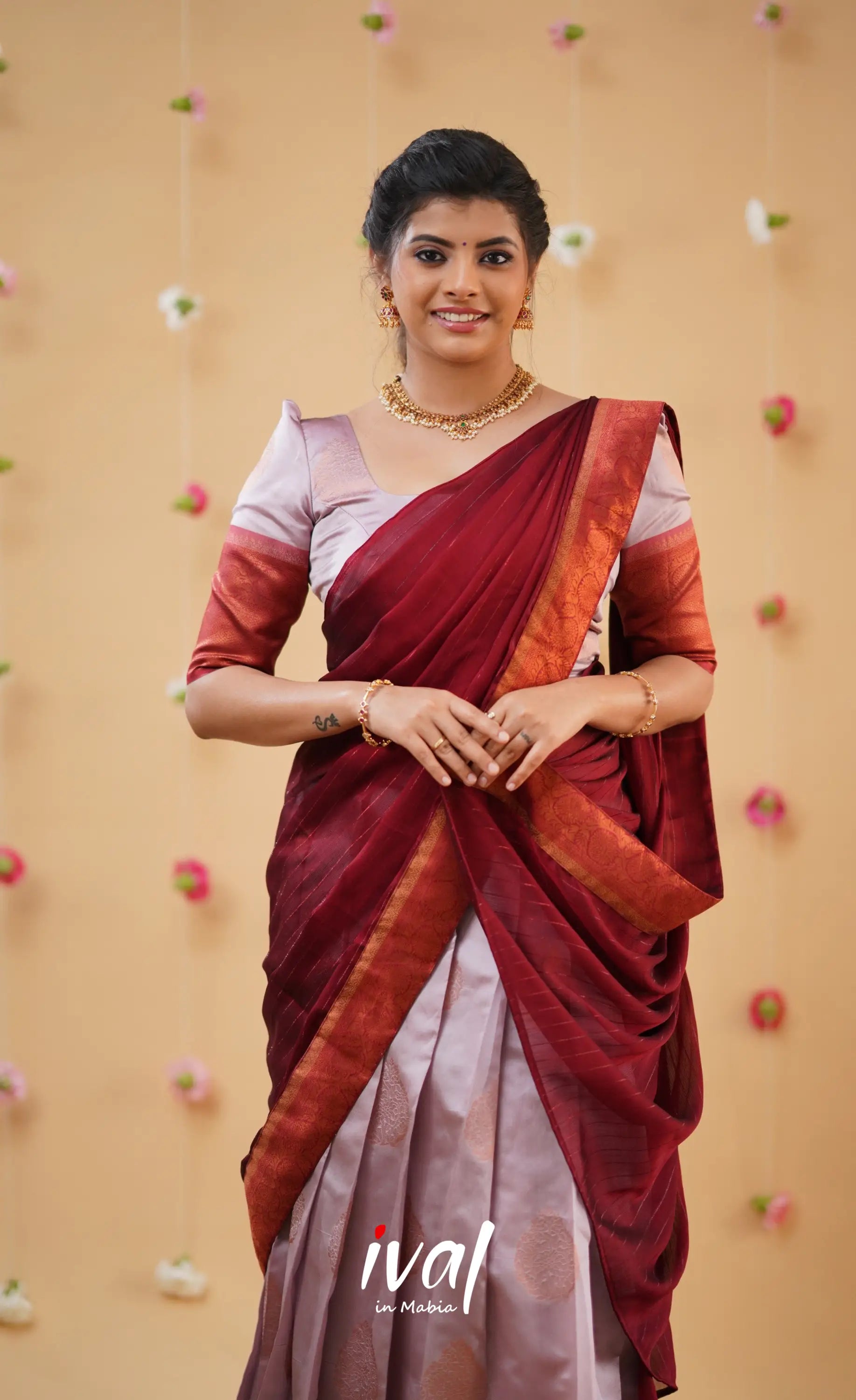 Padmakshi Pastel Pink and Reddish Maroon Blended Silk Halfsaree - Half Sarees