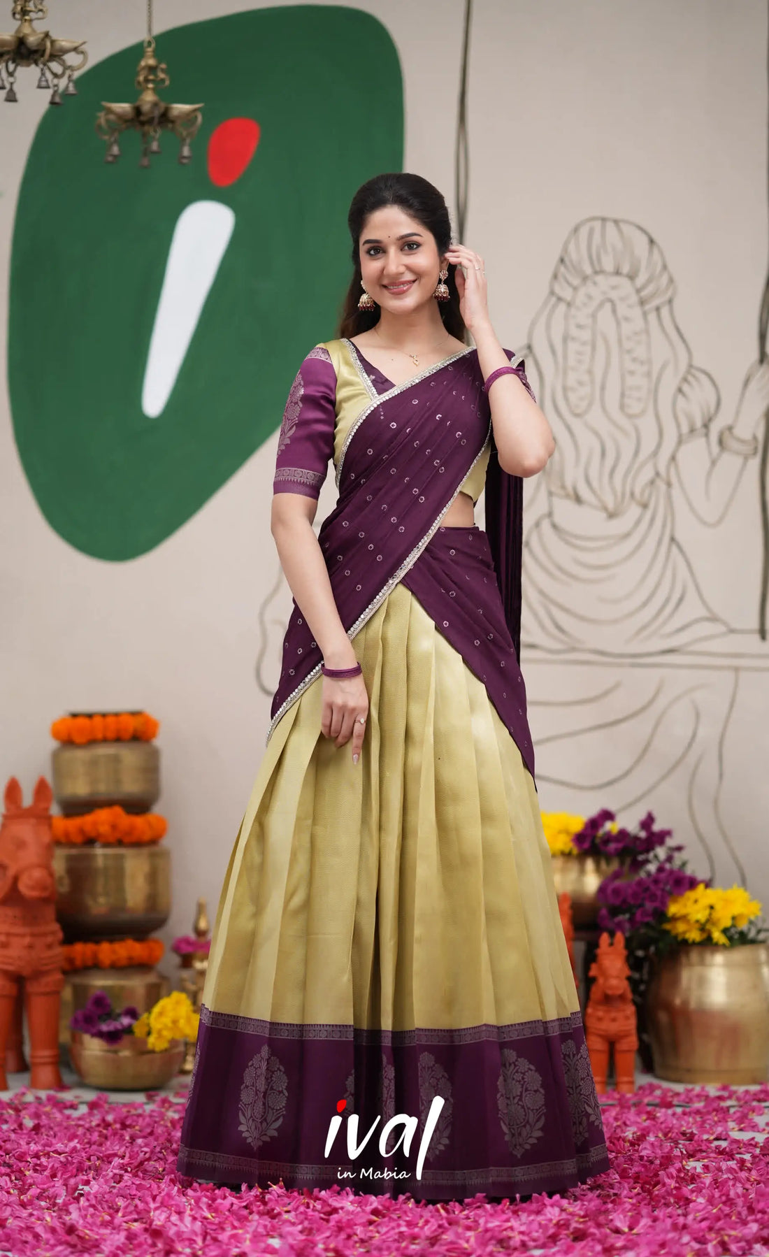 Padmakshi Pastel Yellow and Dark Purplish Wine Blended Silk Halfsaree Half Sarees