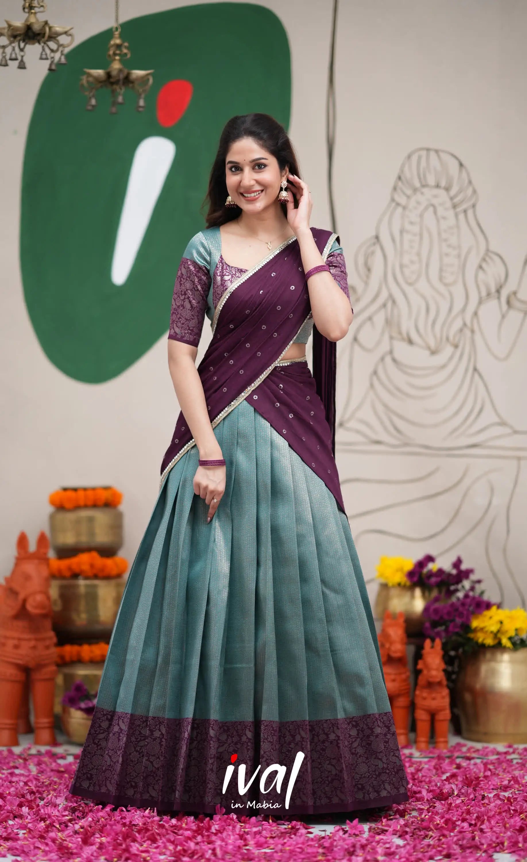 Padmakshi Teal Blue and Dark Purplish Wine Blended Silk Halfsaree Half Sarees