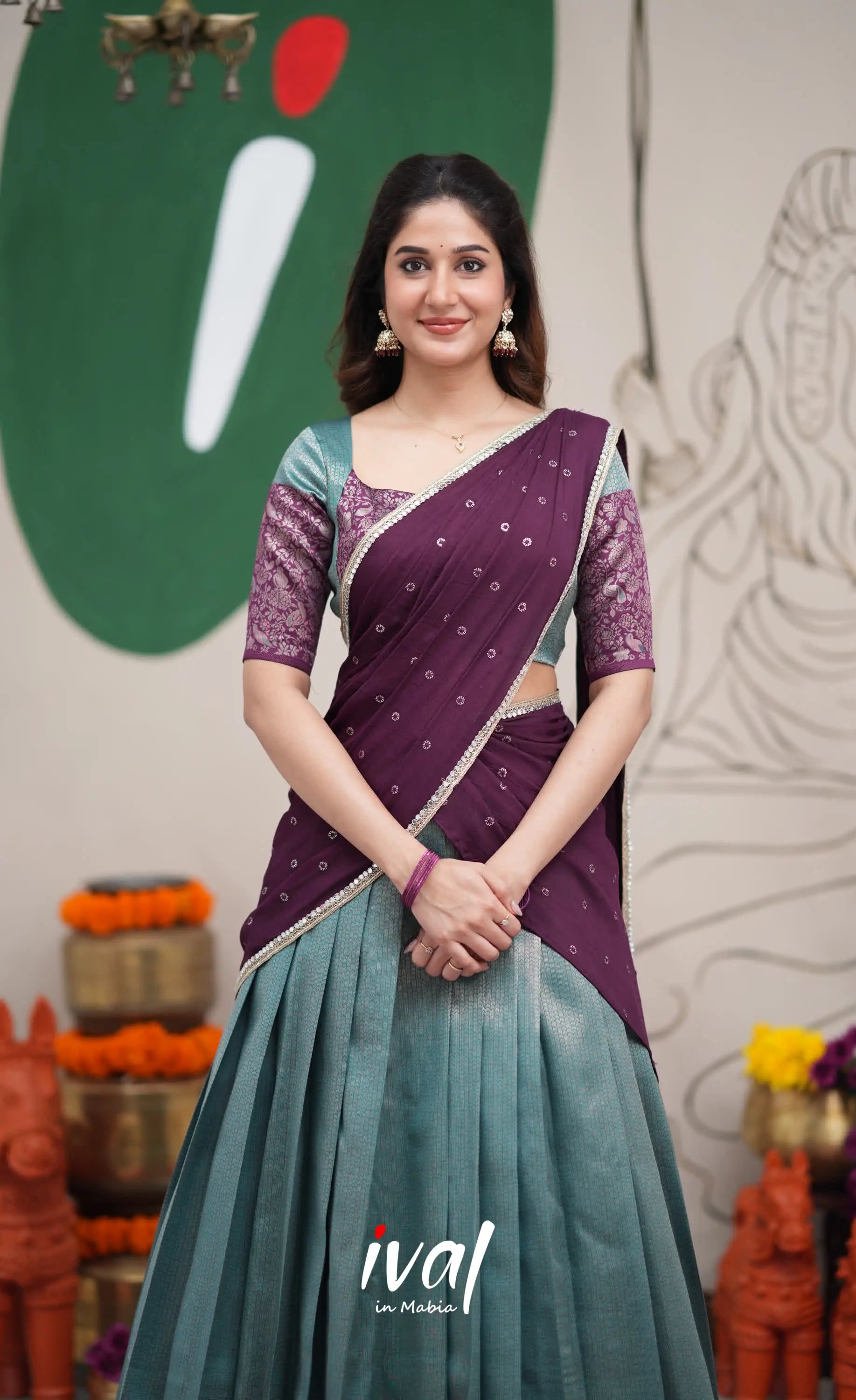 Padmakshi Teal Blue and Dark Purplish Wine Blended Silk Halfsaree Half Sarees