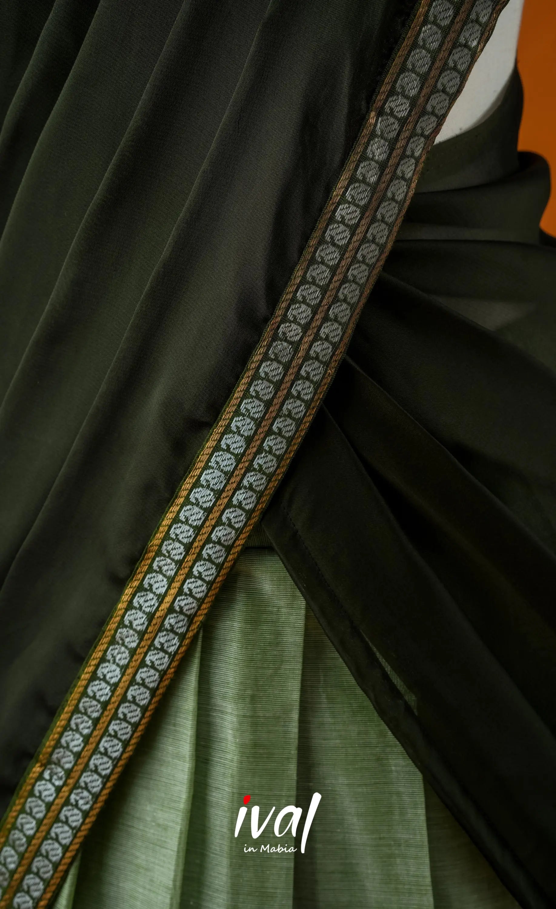 Pale Green with Dark Olive Green Semi-Stitched Cotton Halfsaree Half Sarees