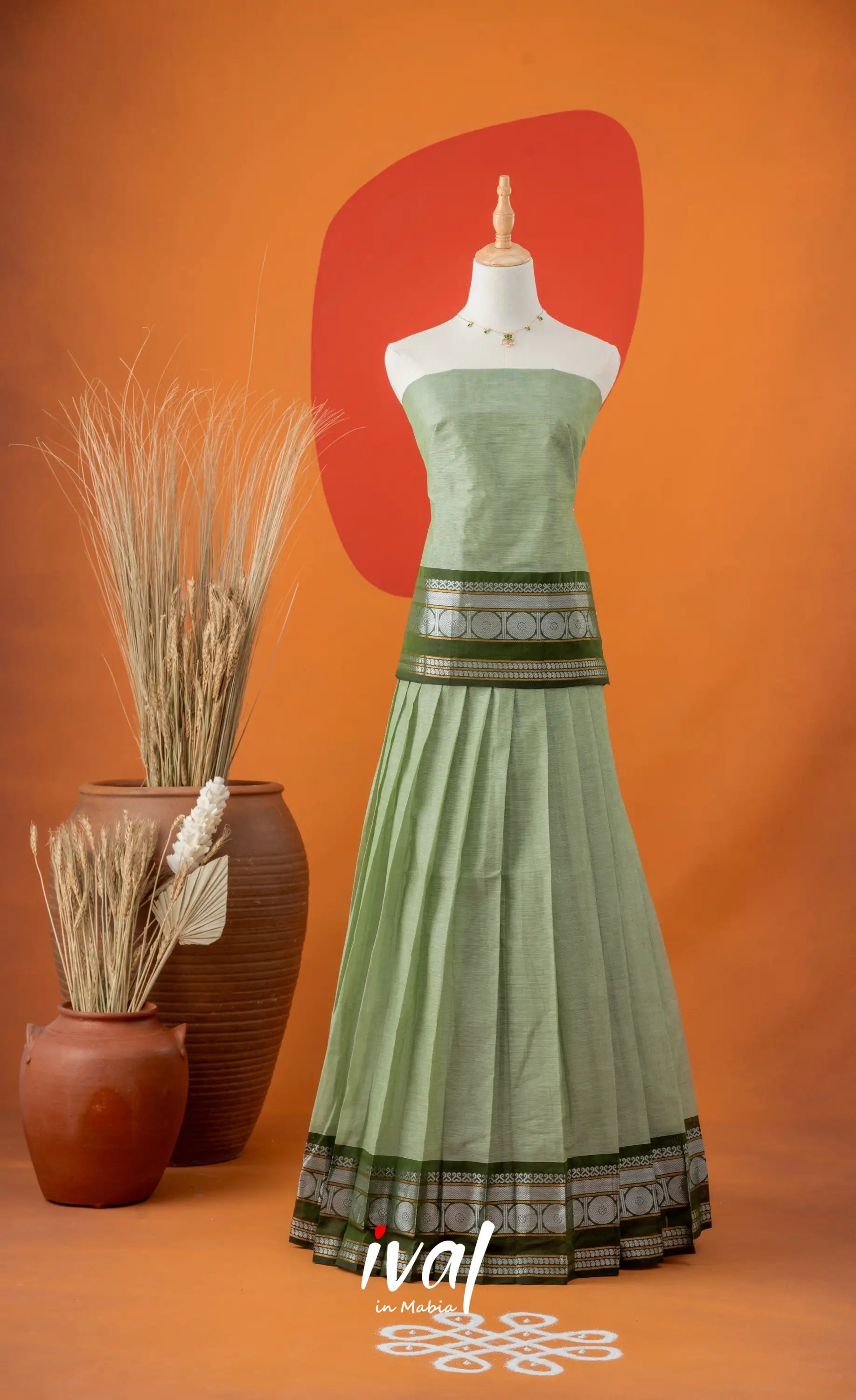 Pale Green with Dark Olive Green Semi-Stitched Cotton Halfsaree Half Sarees