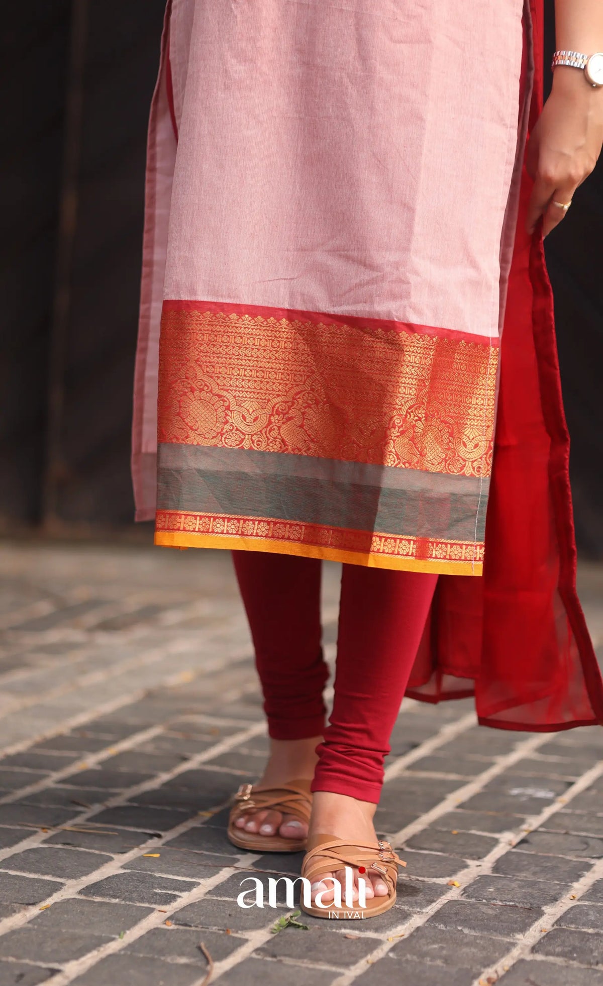 Pastel Pink and Reddish Maroon Chettinad Cotton Salwar Set - salwar