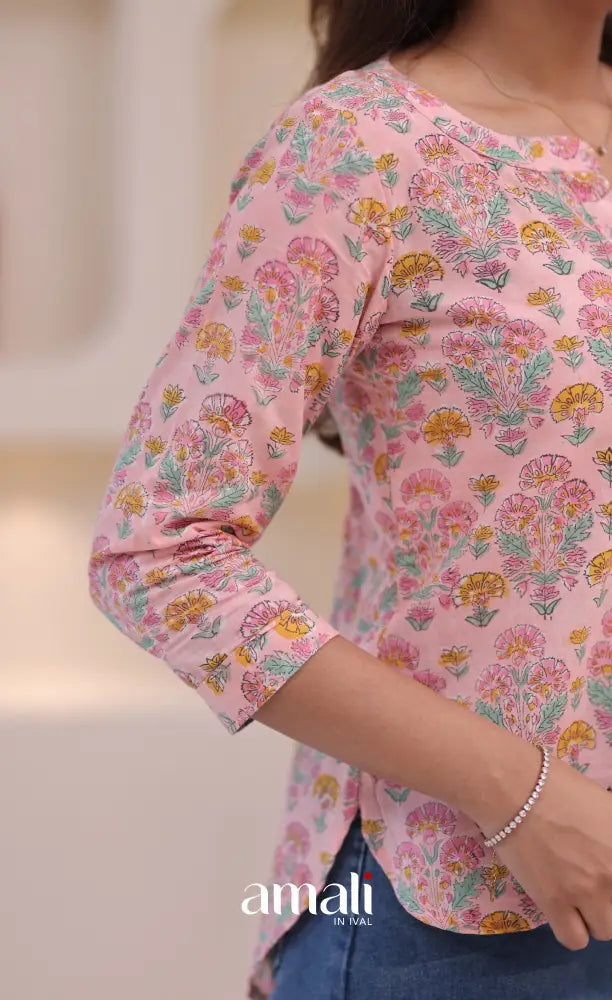 Pastel pink Jaipur Hand Block-Printed Short Top - salwar