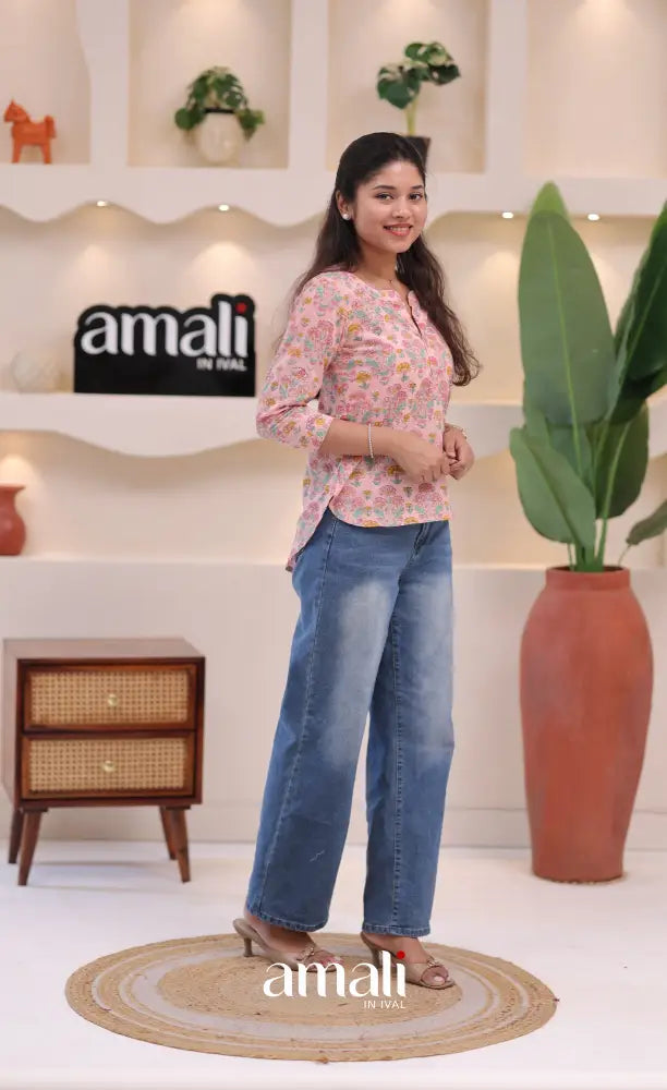 Pastel pink Jaipur Hand Block-Printed Short Top - salwar