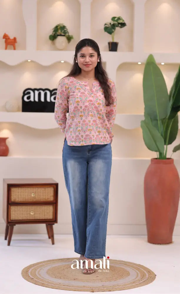 Pastel pink Jaipur Hand Block-Printed Short Top - salwar