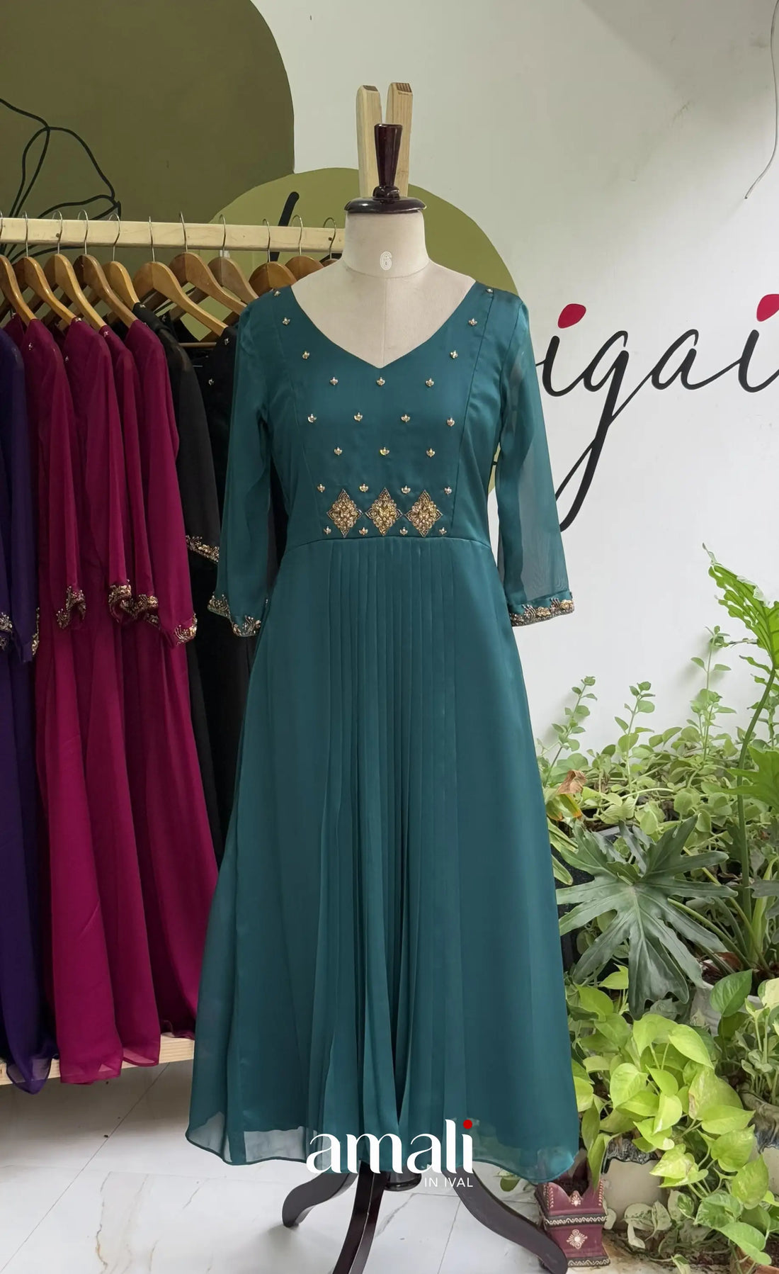 Peacock Blue Aari Handworked Georgette A-Line Top - salwar