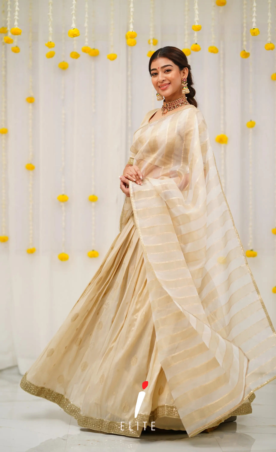 Pearl Silky Organza Halfsaree - Off white and Gold Half Sarees