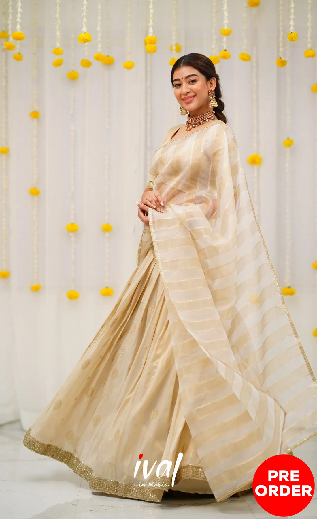 Pearl Silky Organza Halfsaree - Off white and Gold Half Sarees