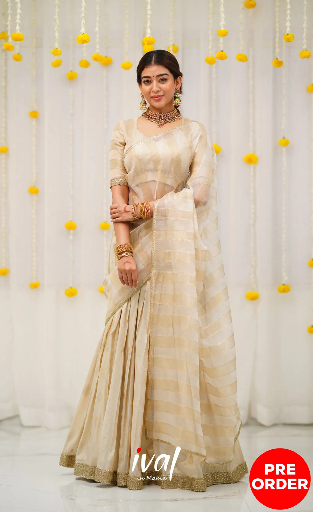 Pearl Silky Organza Halfsaree - Off white and Gold Half Sarees