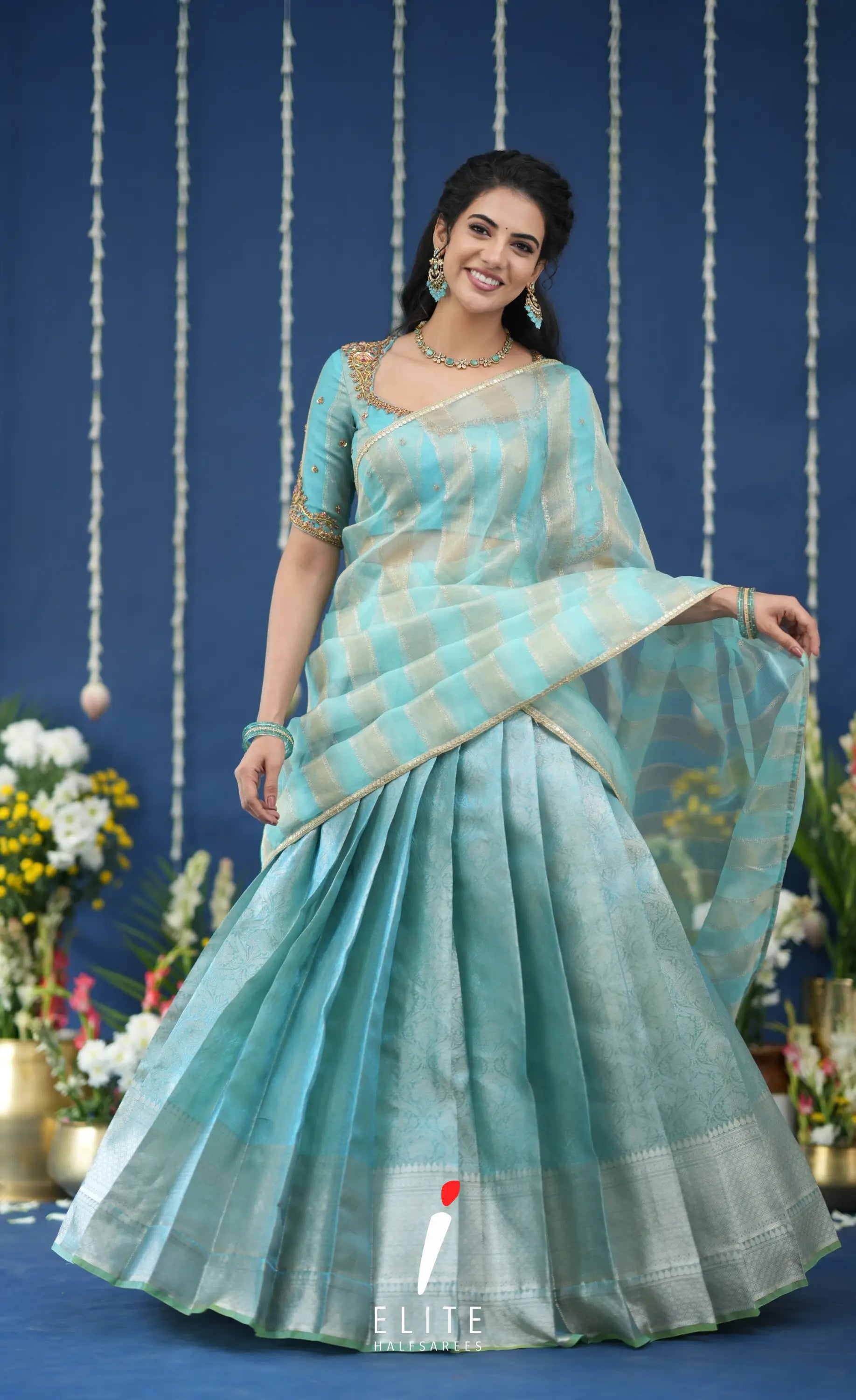 Pearl Tissue Halfsaree Pastel Blue Half Sarees