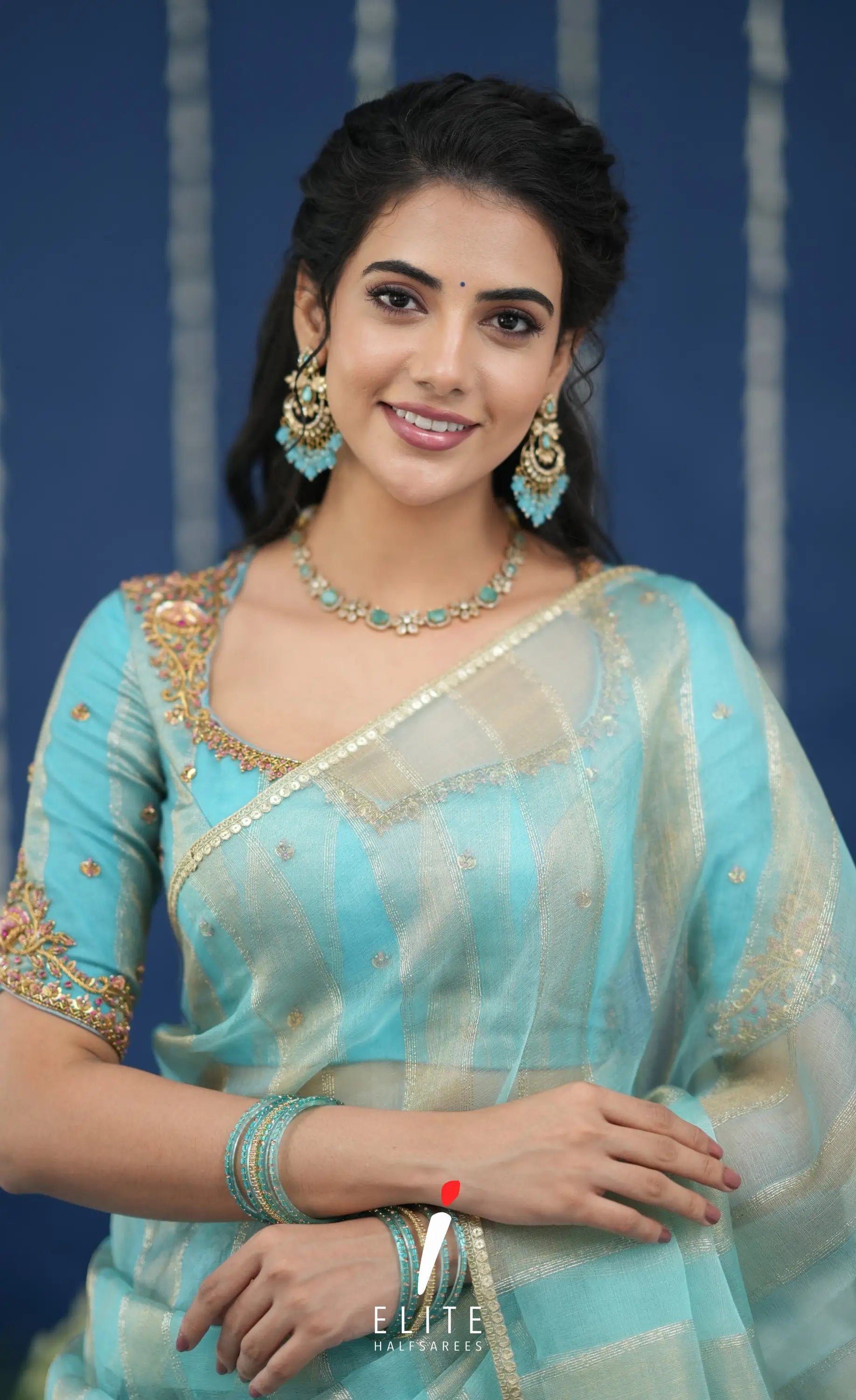 Pearl Tissue Halfsaree Pastel Blue Half Sarees