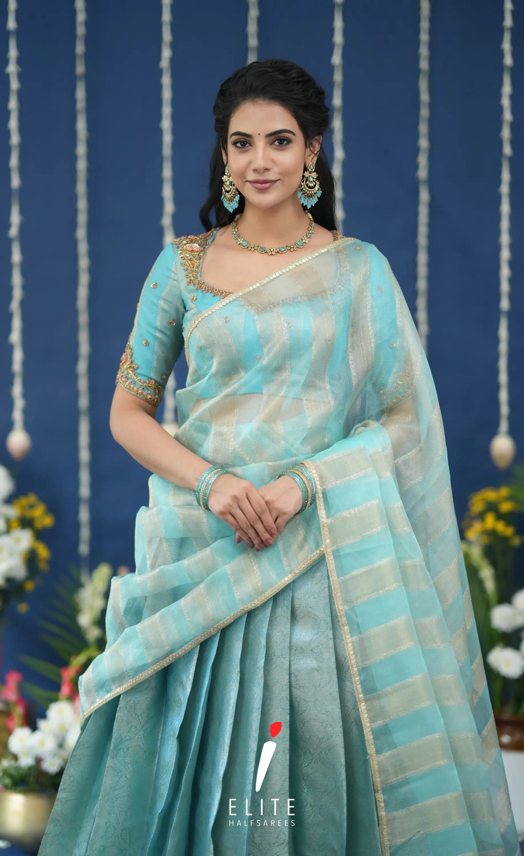 Pearl Tissue Halfsaree Pastel Blue Half Sarees