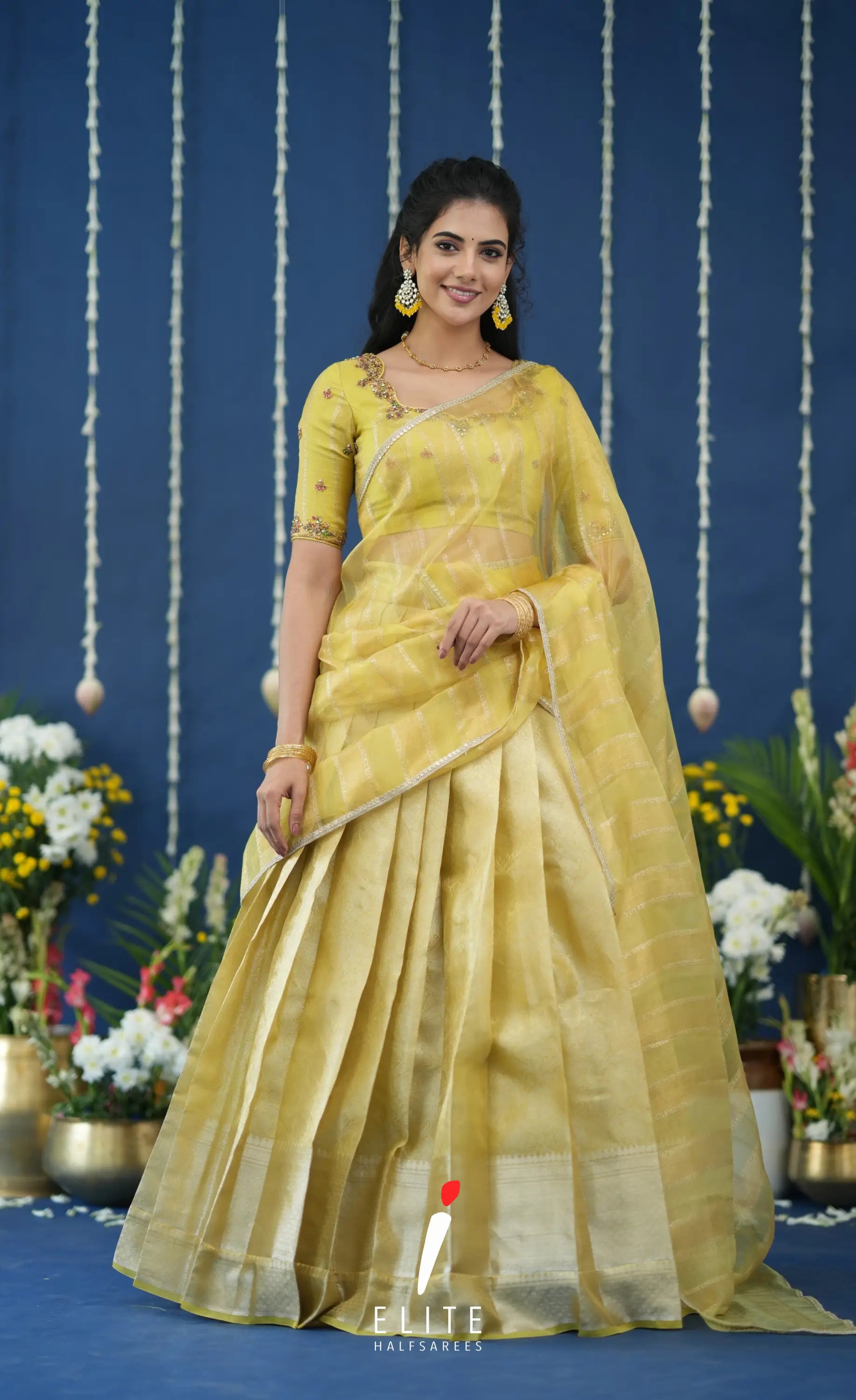 Pearl Tissue Halfsaree Yellow Half Sarees