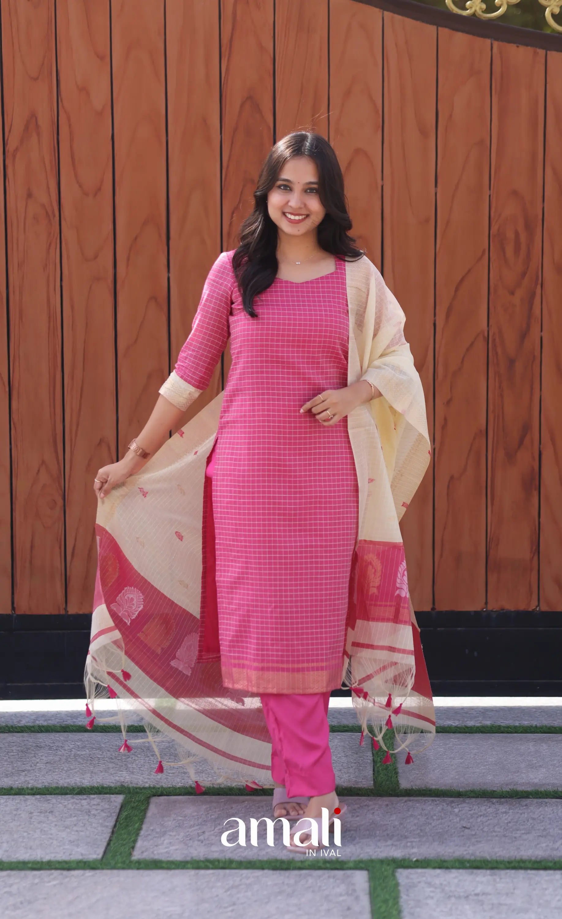 Pink and Cream Silk Cotton Salwar - salwar