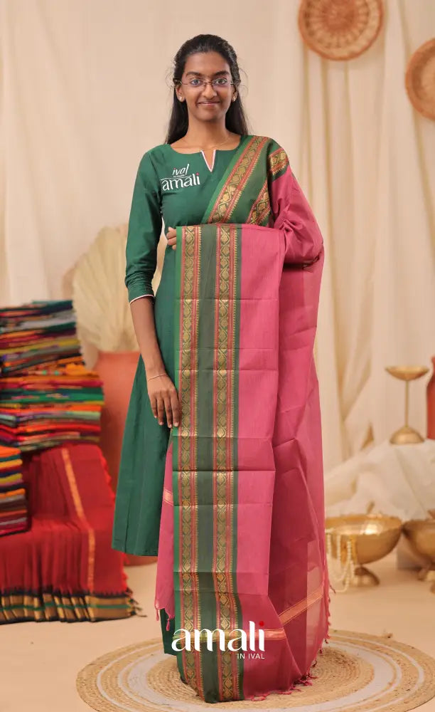Pink With Bottle Green Chettinad Cotton Dupatta salwar