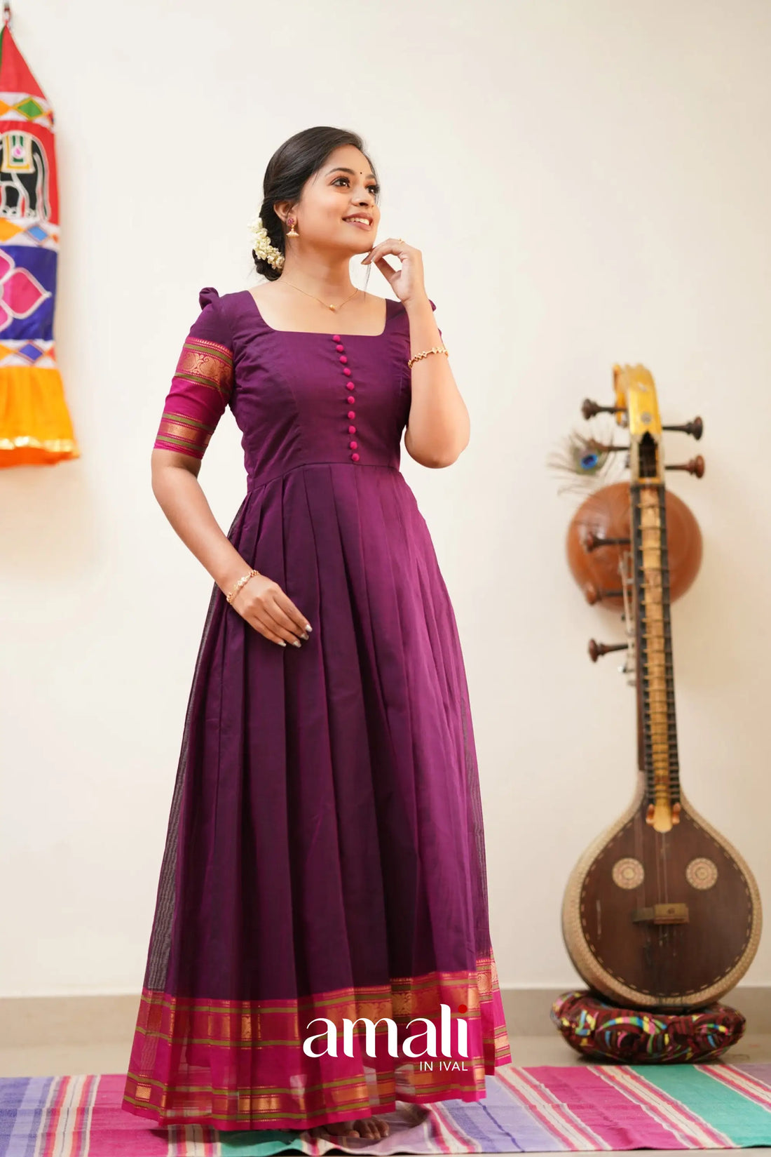 Plum With Pink Cotton Long Gown Gown