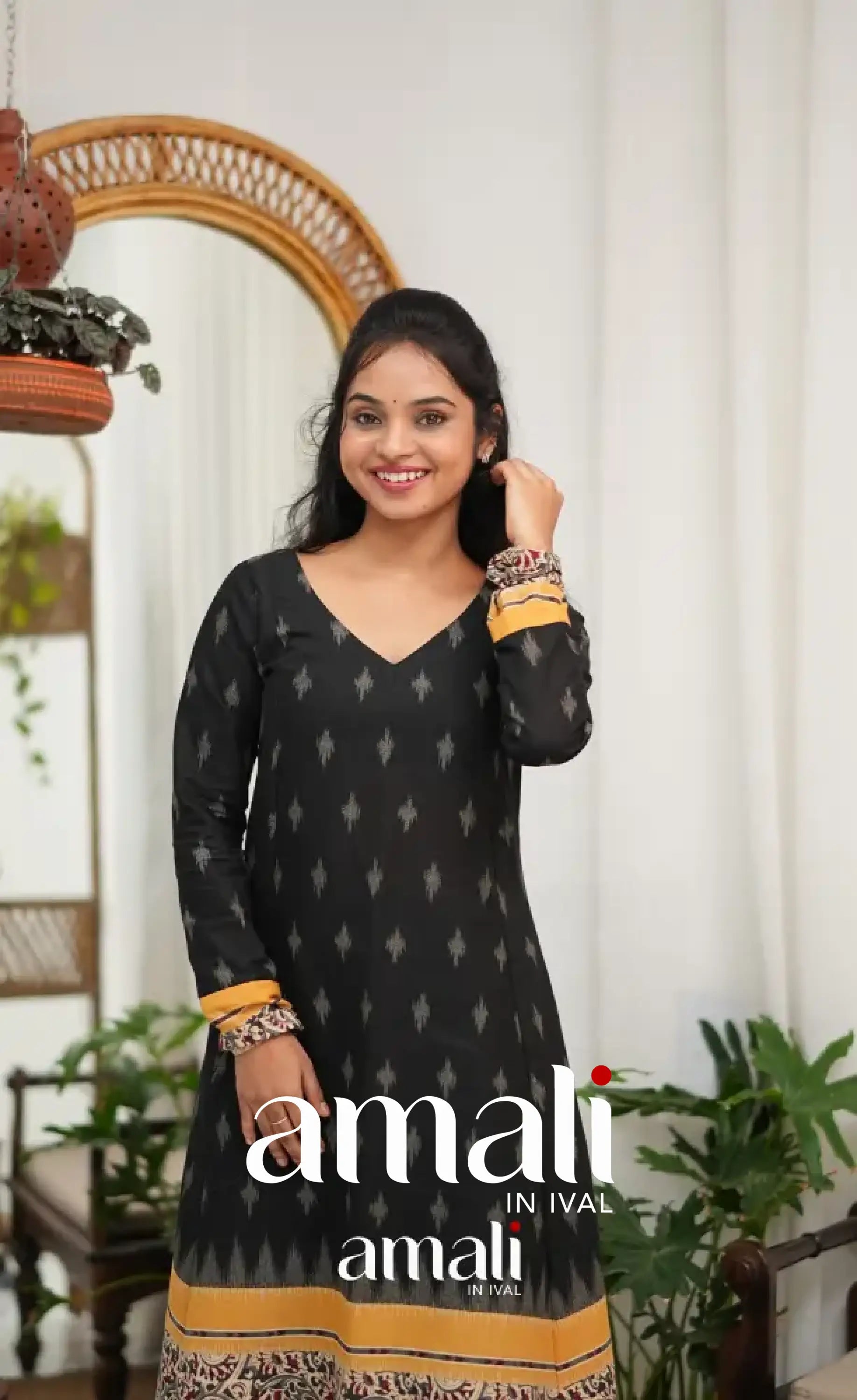 Priyo co-ord set - Black and Yellow Cotton A-Line Top with Pant - salwar
