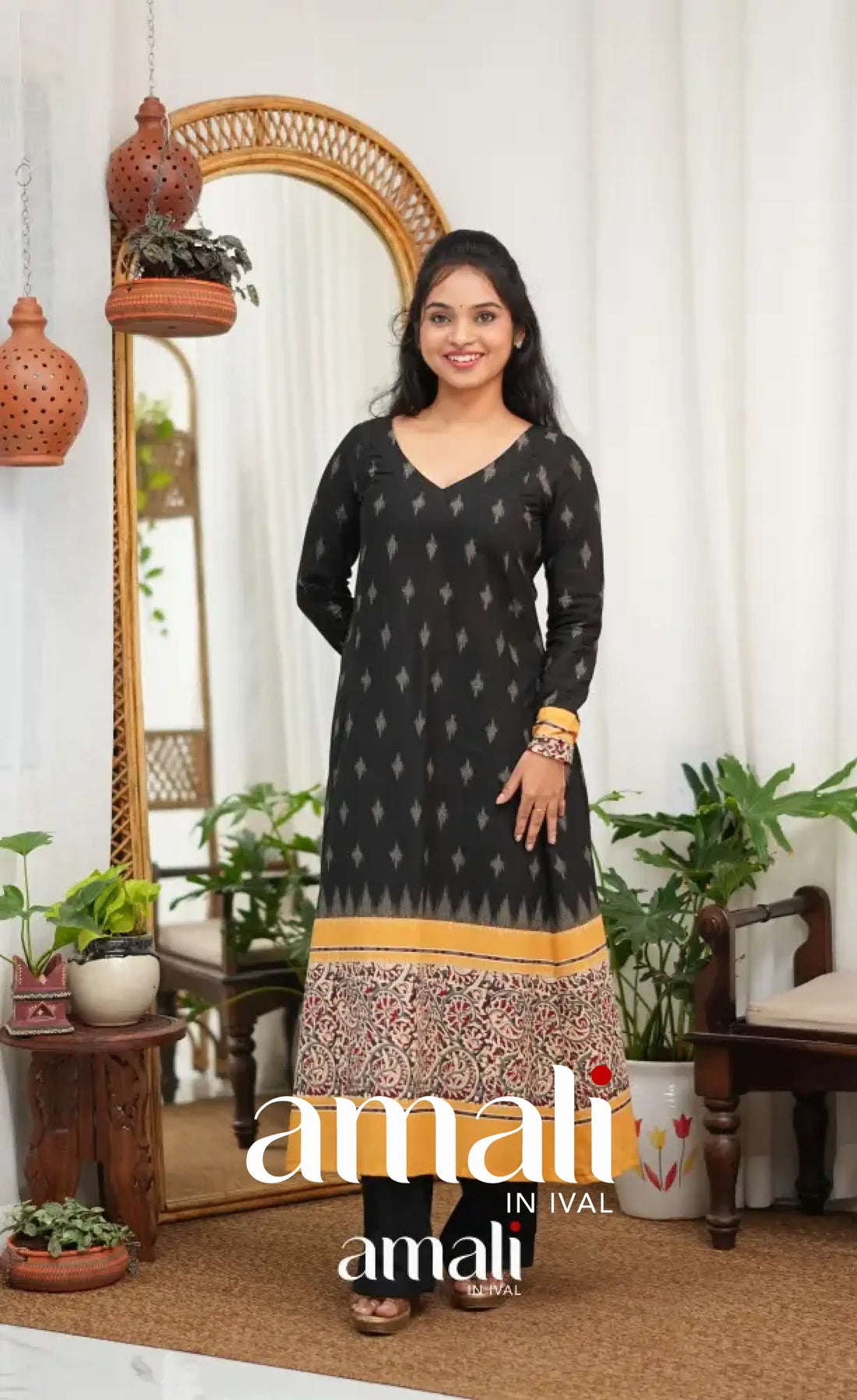 Priyo co-ord set - Black and Yellow Cotton A-Line Top with Pant - salwar