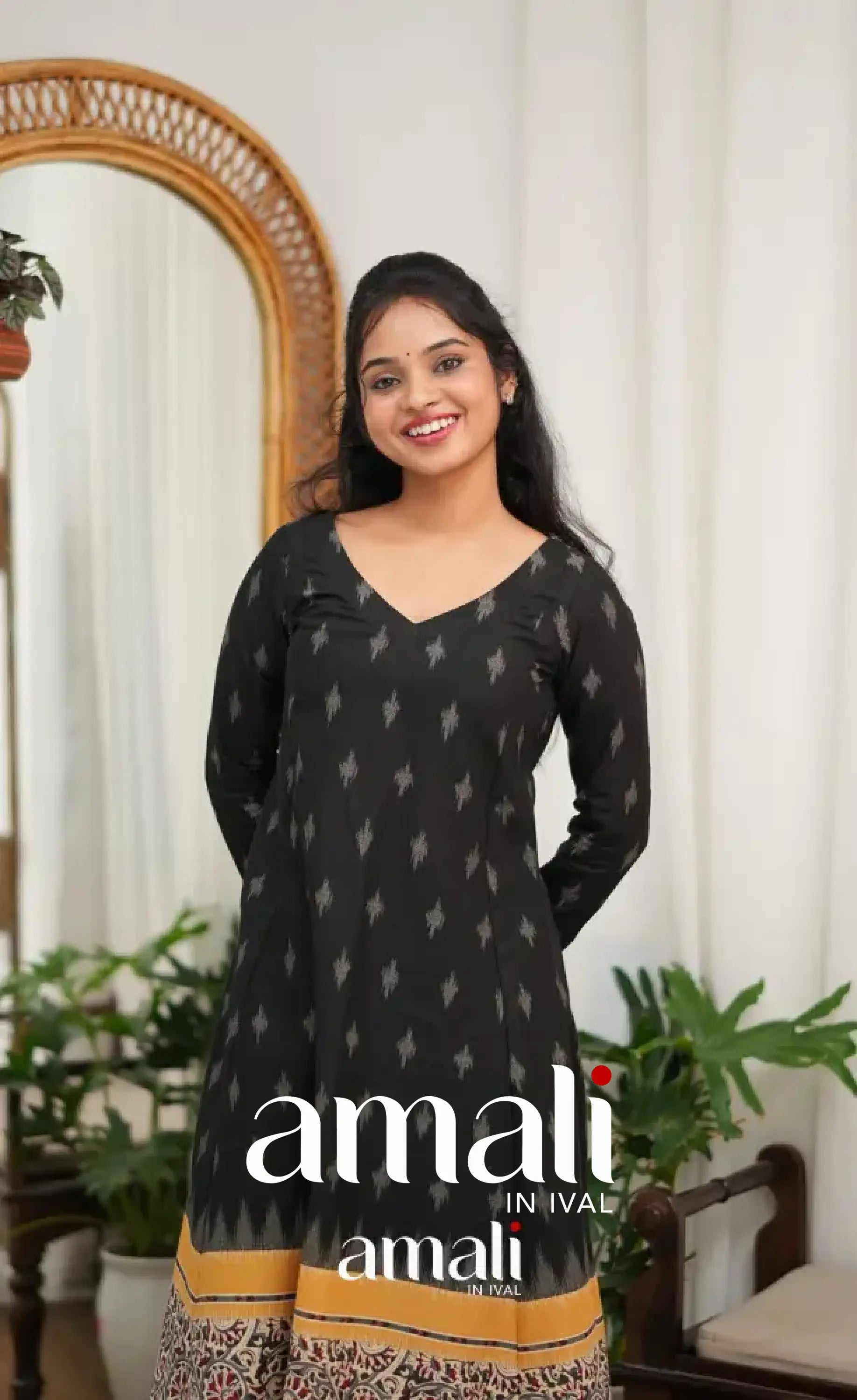 Priyo co-ord set - Black and Yellow Cotton A-Line Top with Pant - salwar