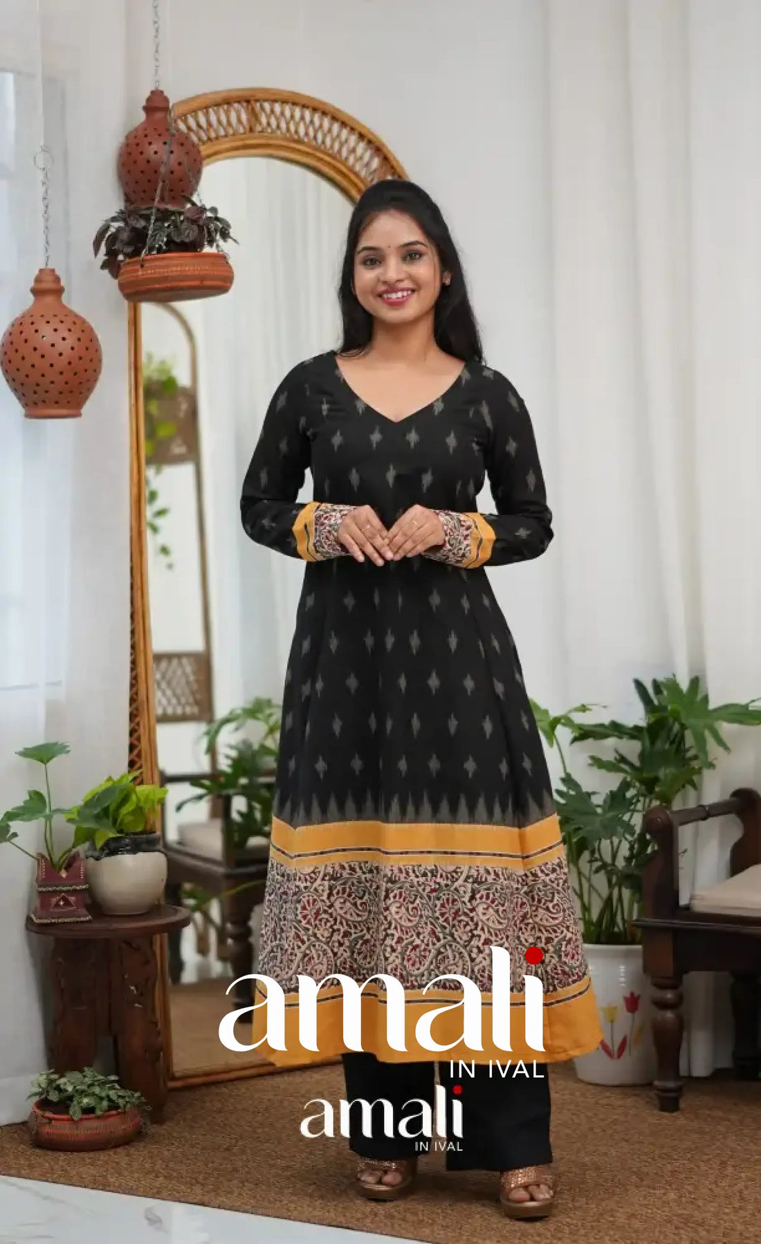 Priyo co-ord set - Black and Yellow Cotton A-Line Top with Pant - salwar