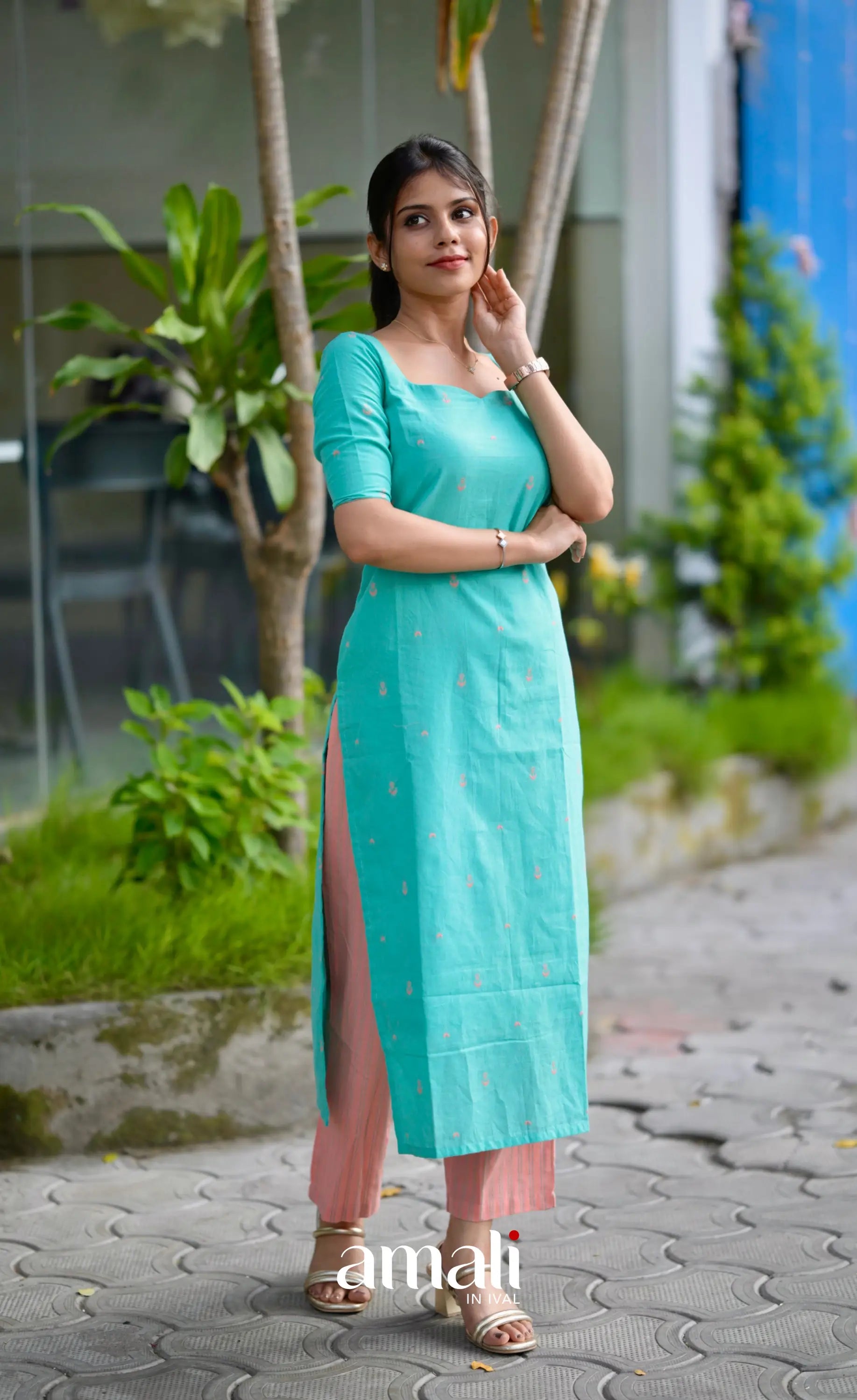 Priyo co-ord set- Teal Blue and Peach salwar