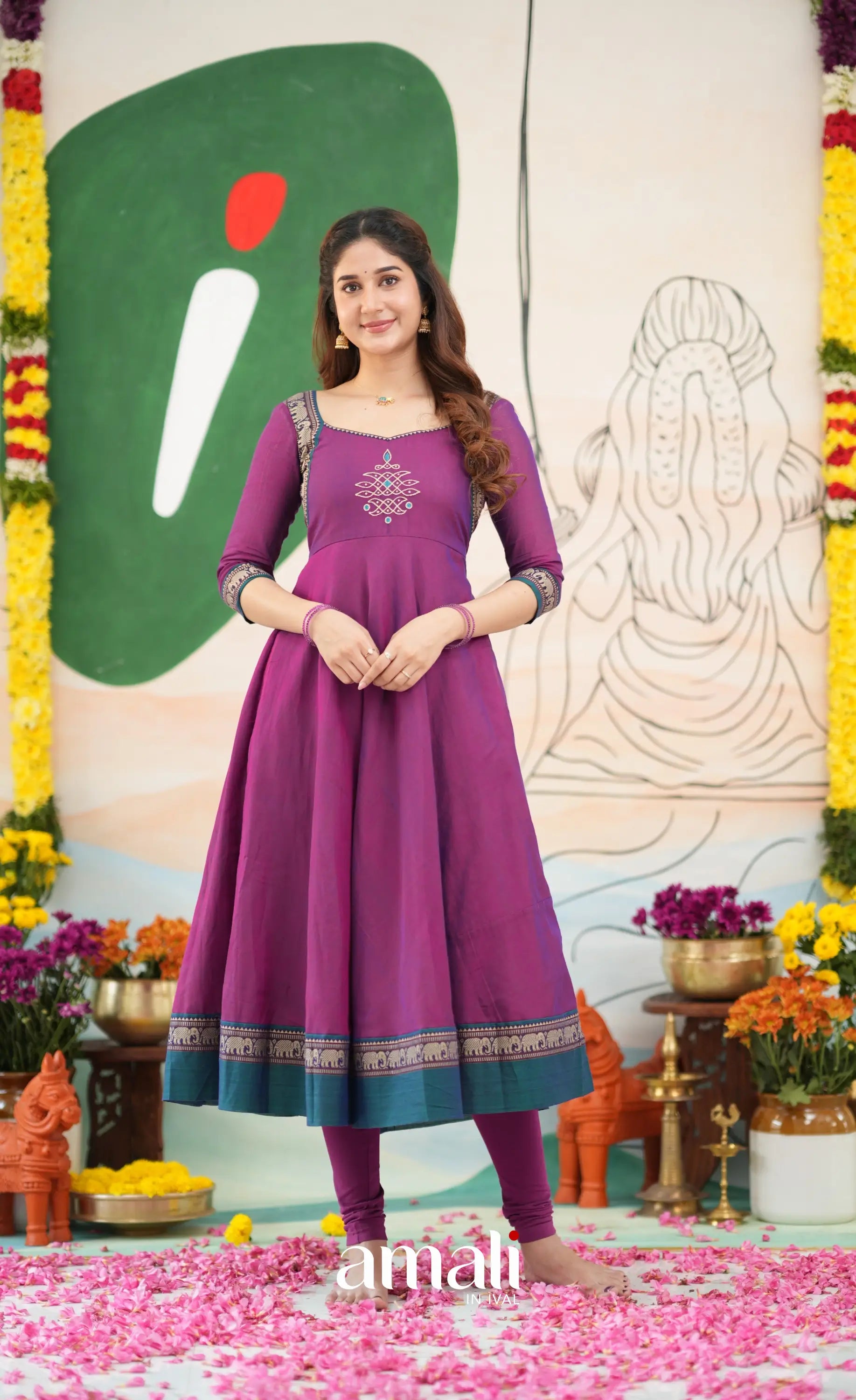 Purple and Deep teal Narayanpet Cotton Anarkali - Anarkalis
