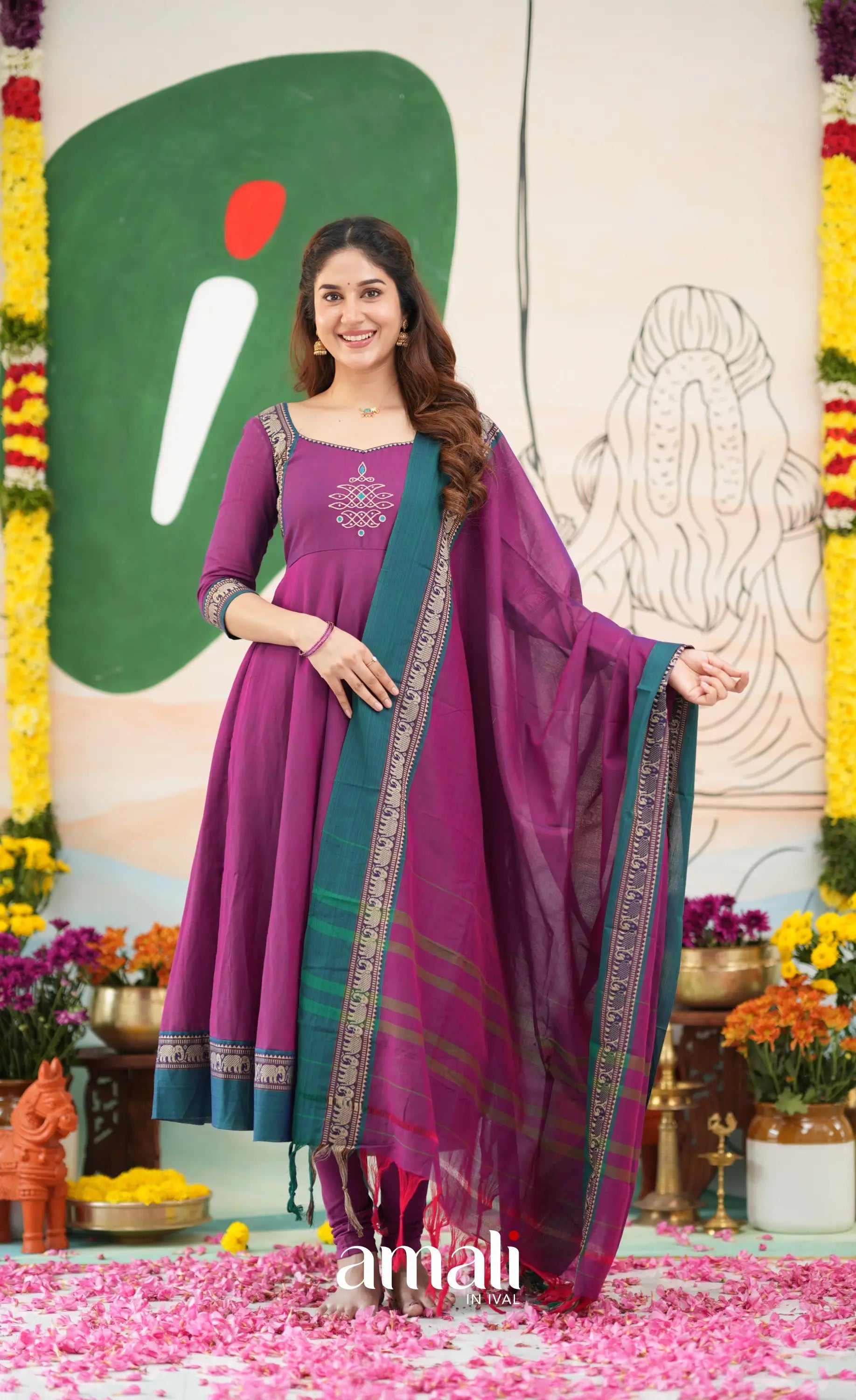 Purple and Deep teal Narayanpet Cotton Anarkali - Anarkalis
