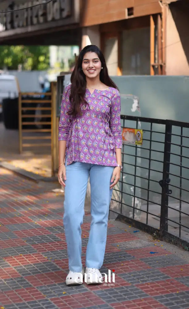 Purple Jaipur Hand Block-Printed Short Top - salwar