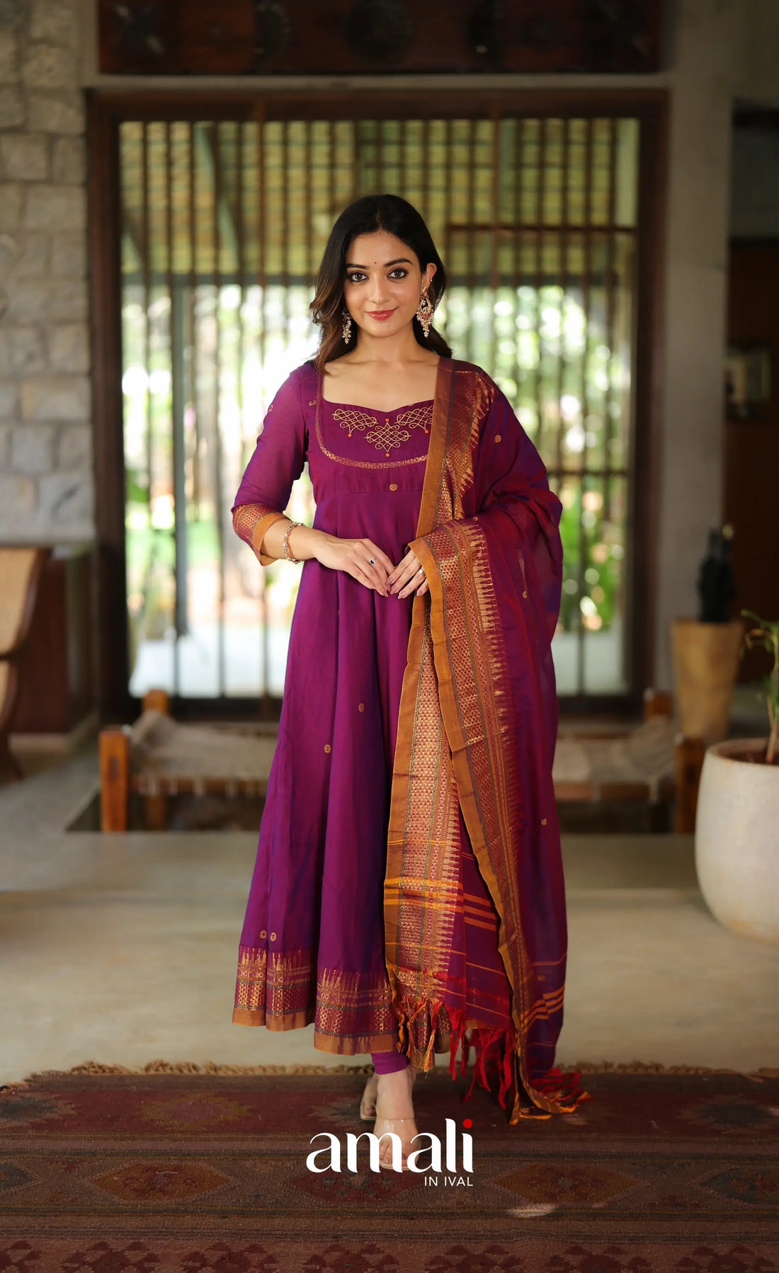 Purplish wine and Mustard Narayanpet Cotton Anarkali - Anarkalis