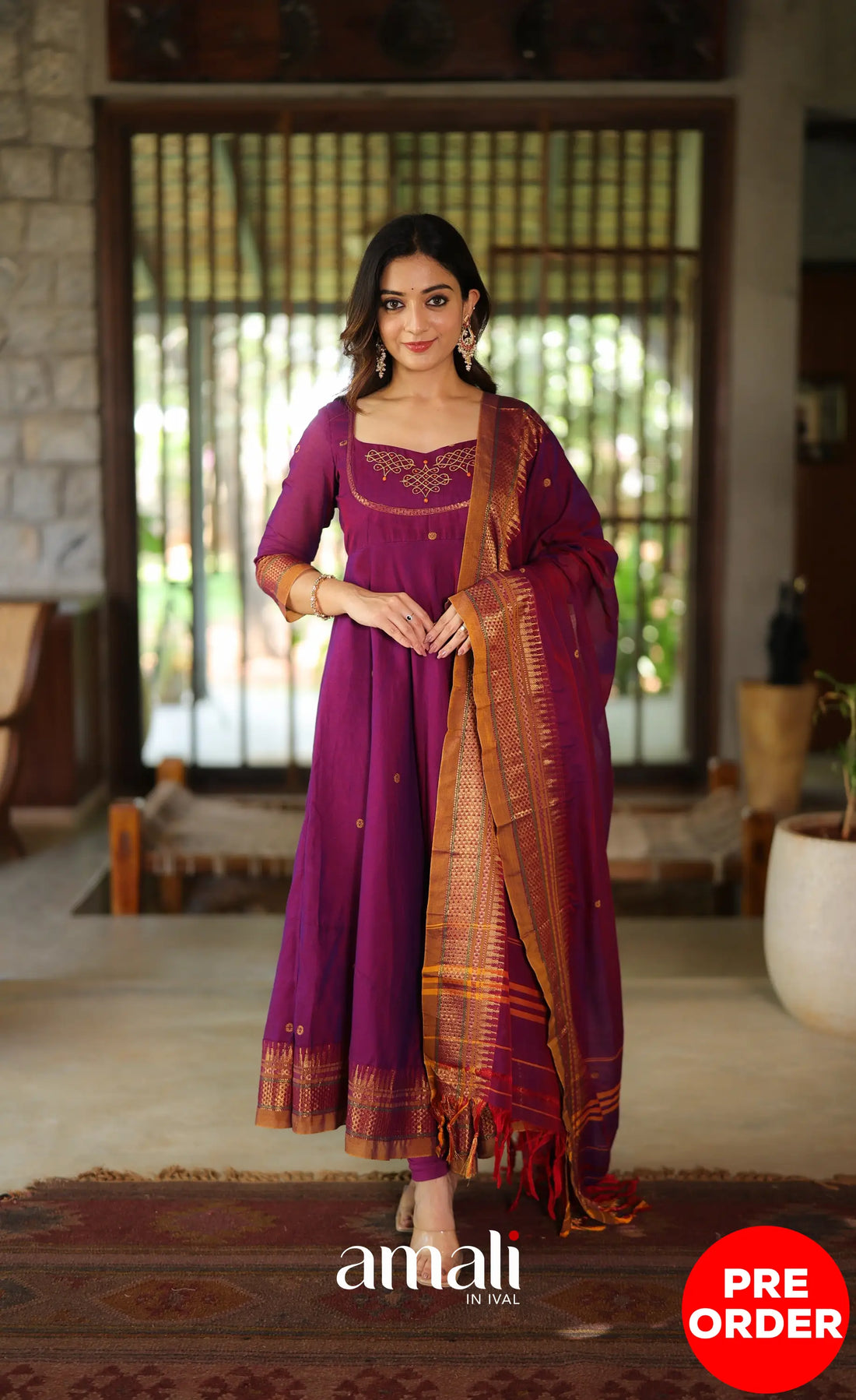 Purplish wine and Mustard Narayanpet Cotton Anarkali - Anarkalis