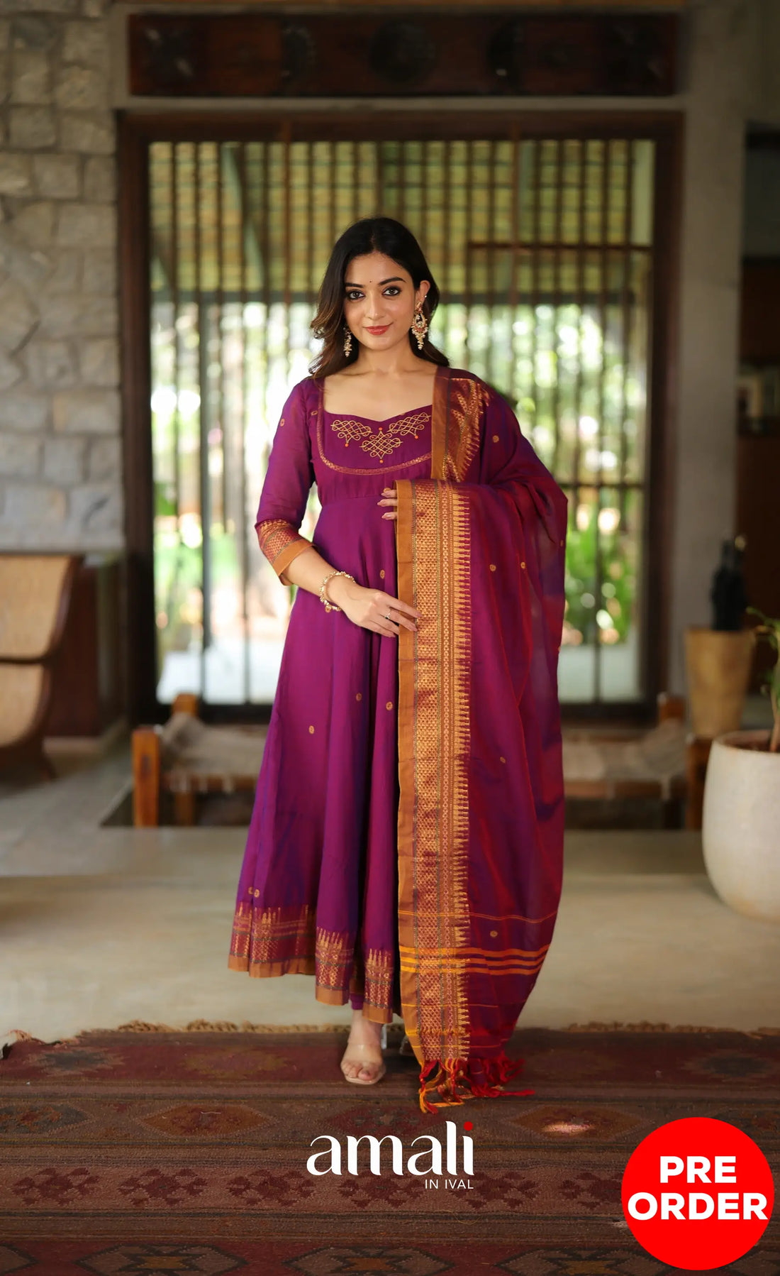 Purplish wine and Mustard Narayanpet Cotton Anarkali - Anarkalis