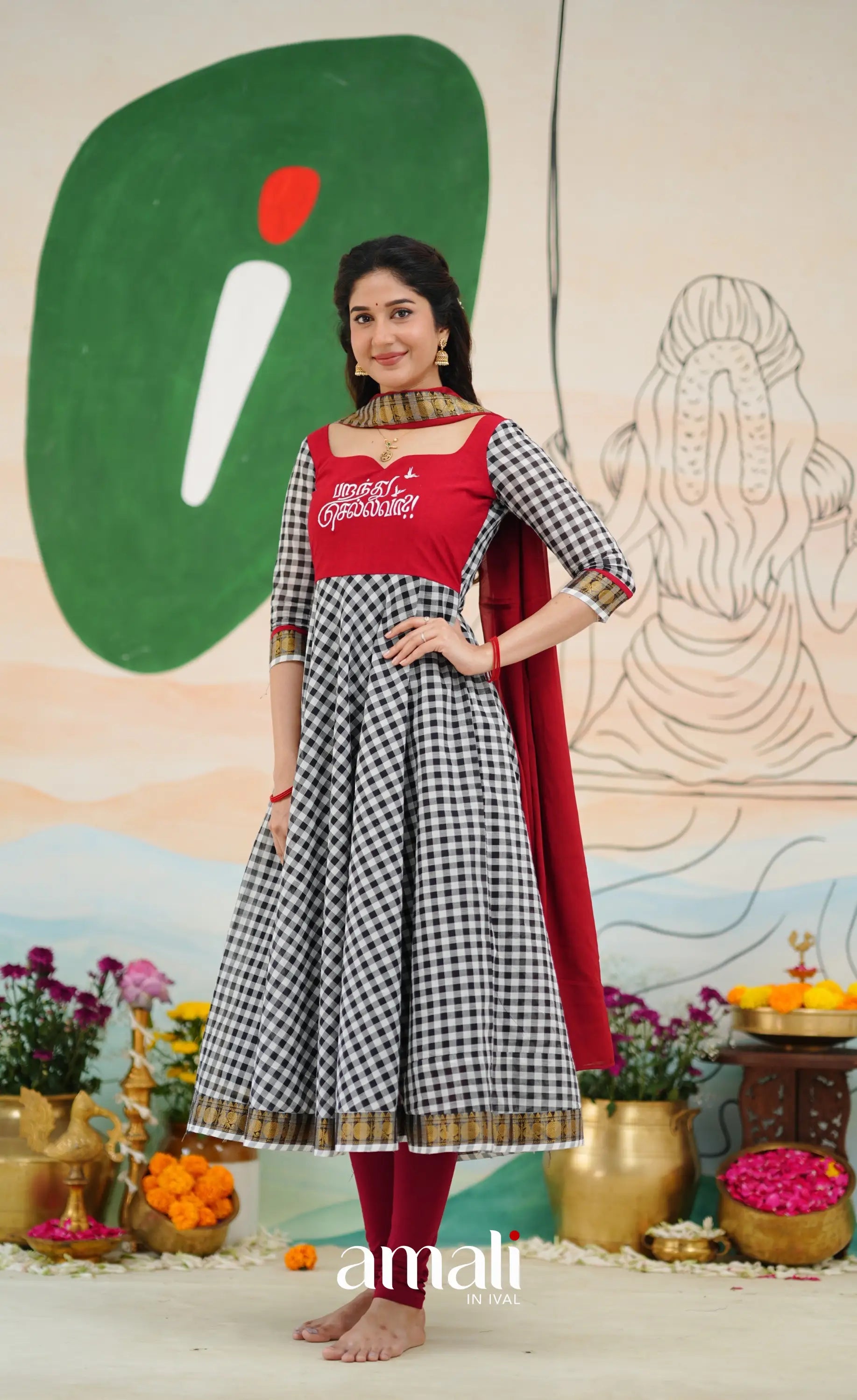 Red and Black Chettinad Cotton Anarkali Anarkalis