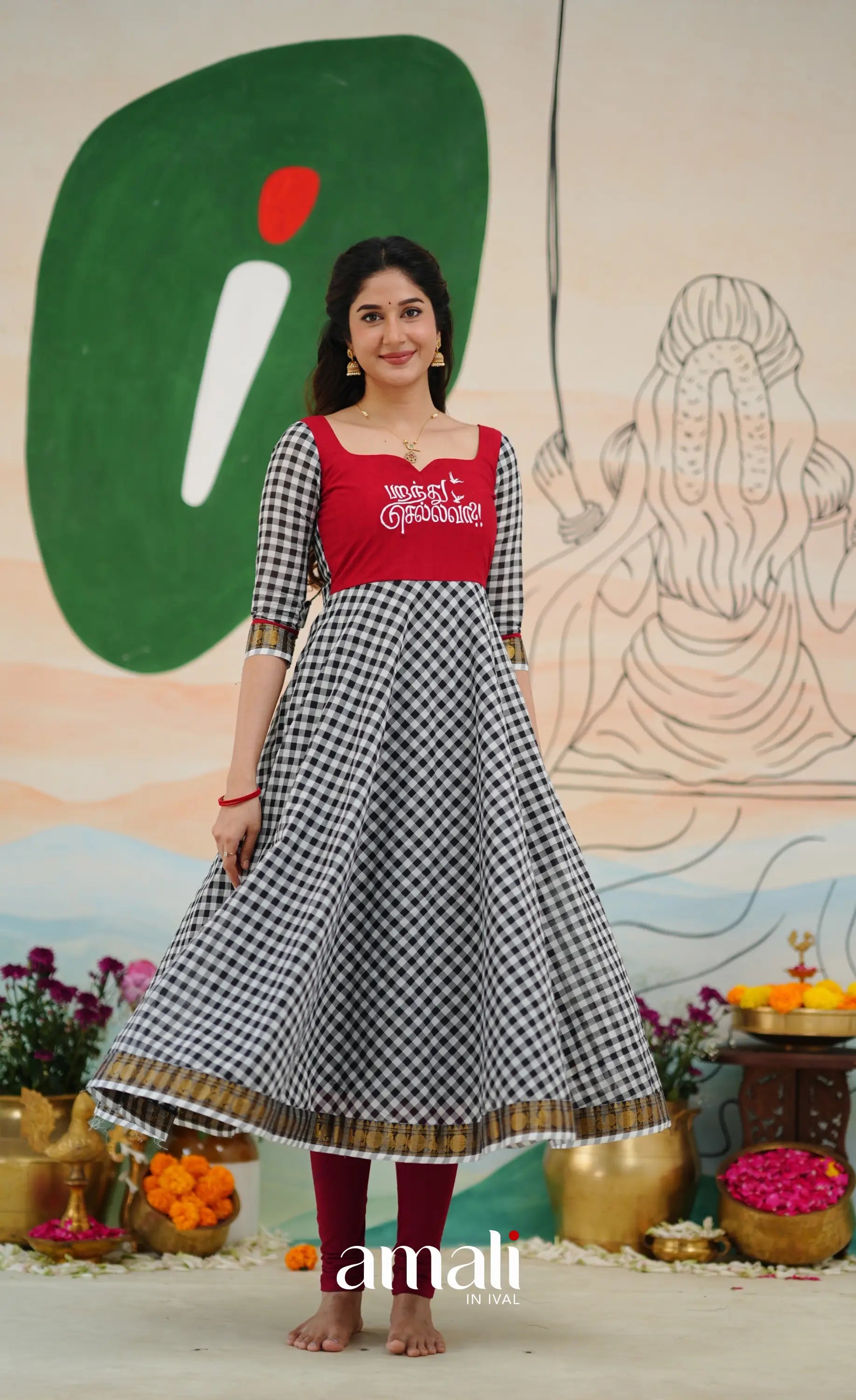 Red and Black Chettinad Cotton Anarkali Anarkalis
