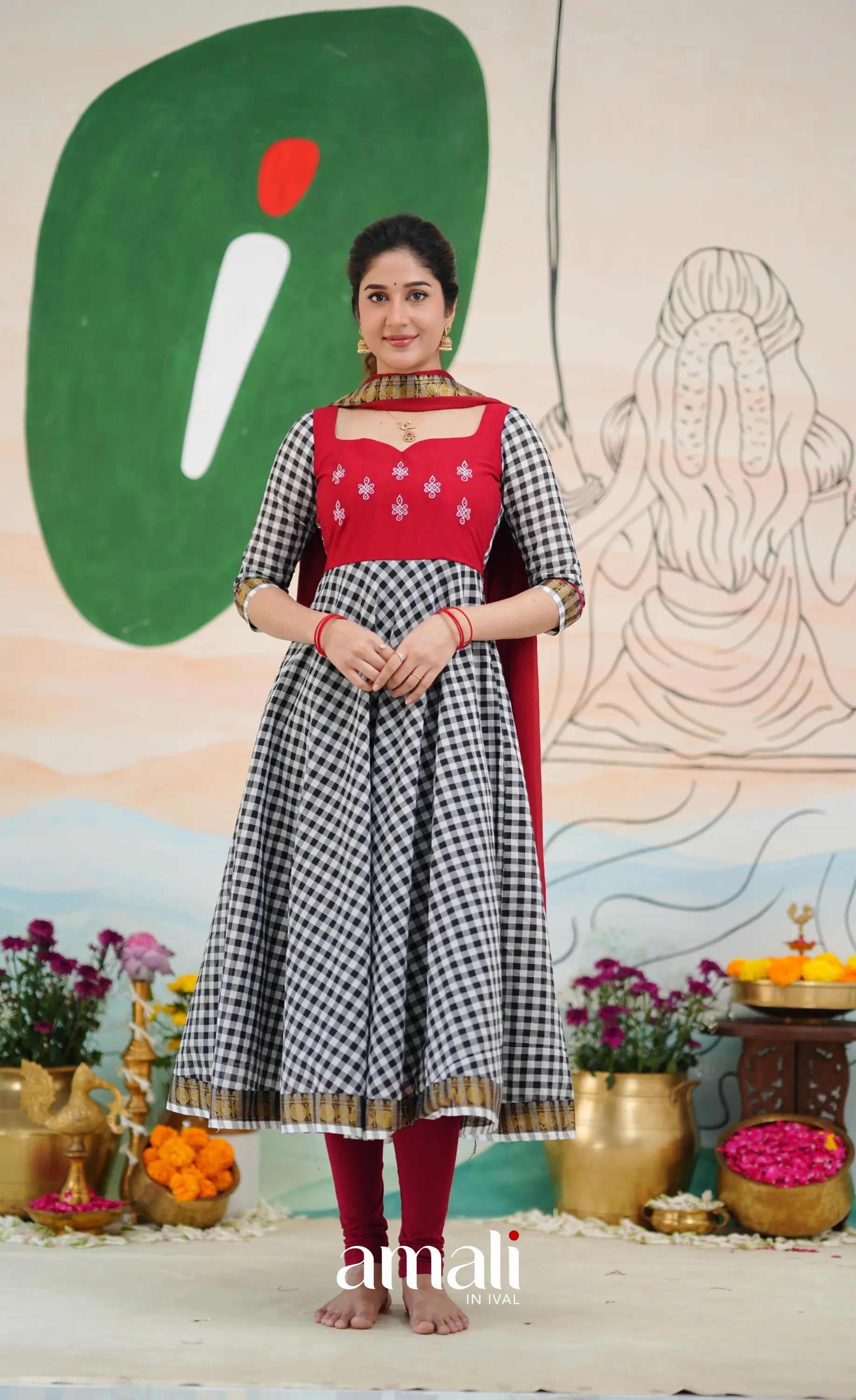 Red and Black Chettinad Cotton Anarkali Anarkalis