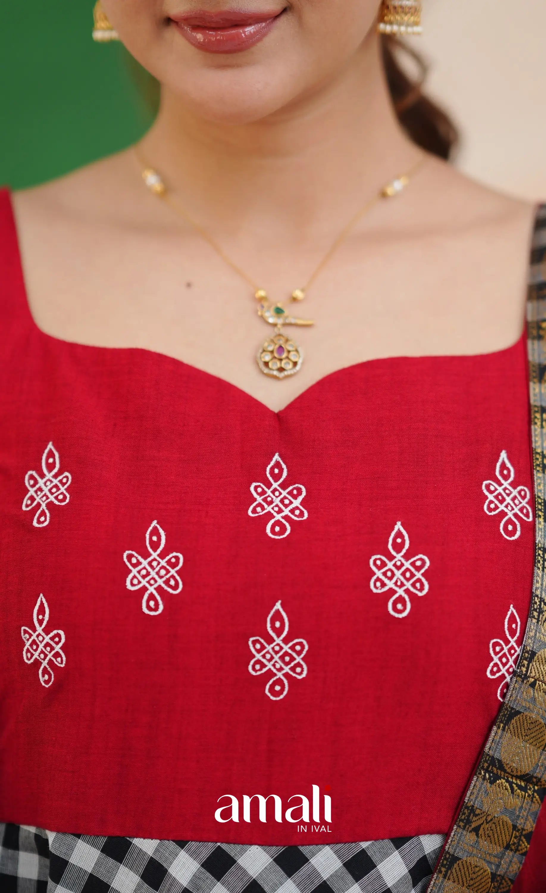 Red and Black Chettinad Cotton Anarkali Anarkalis