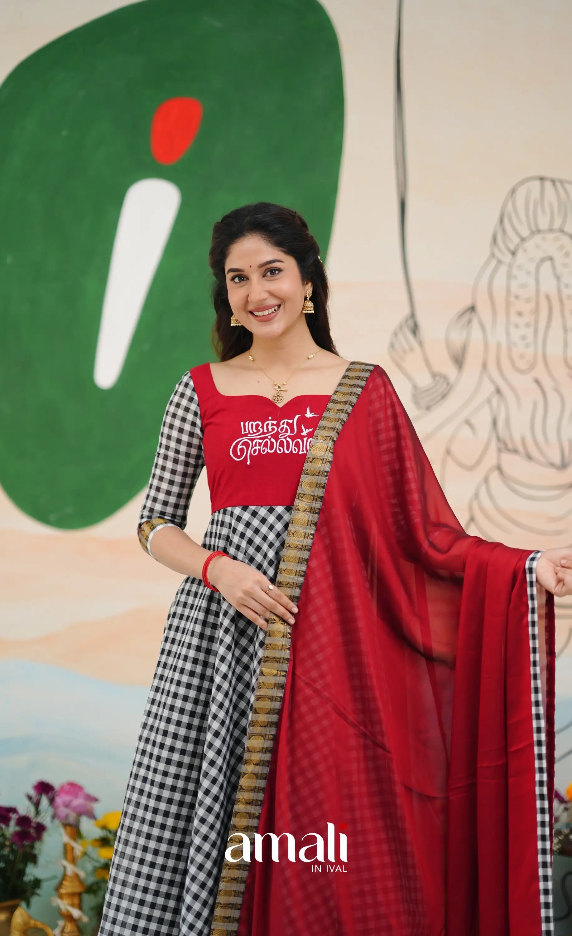 Red and Black Chettinad Cotton Anarkali Anarkalis