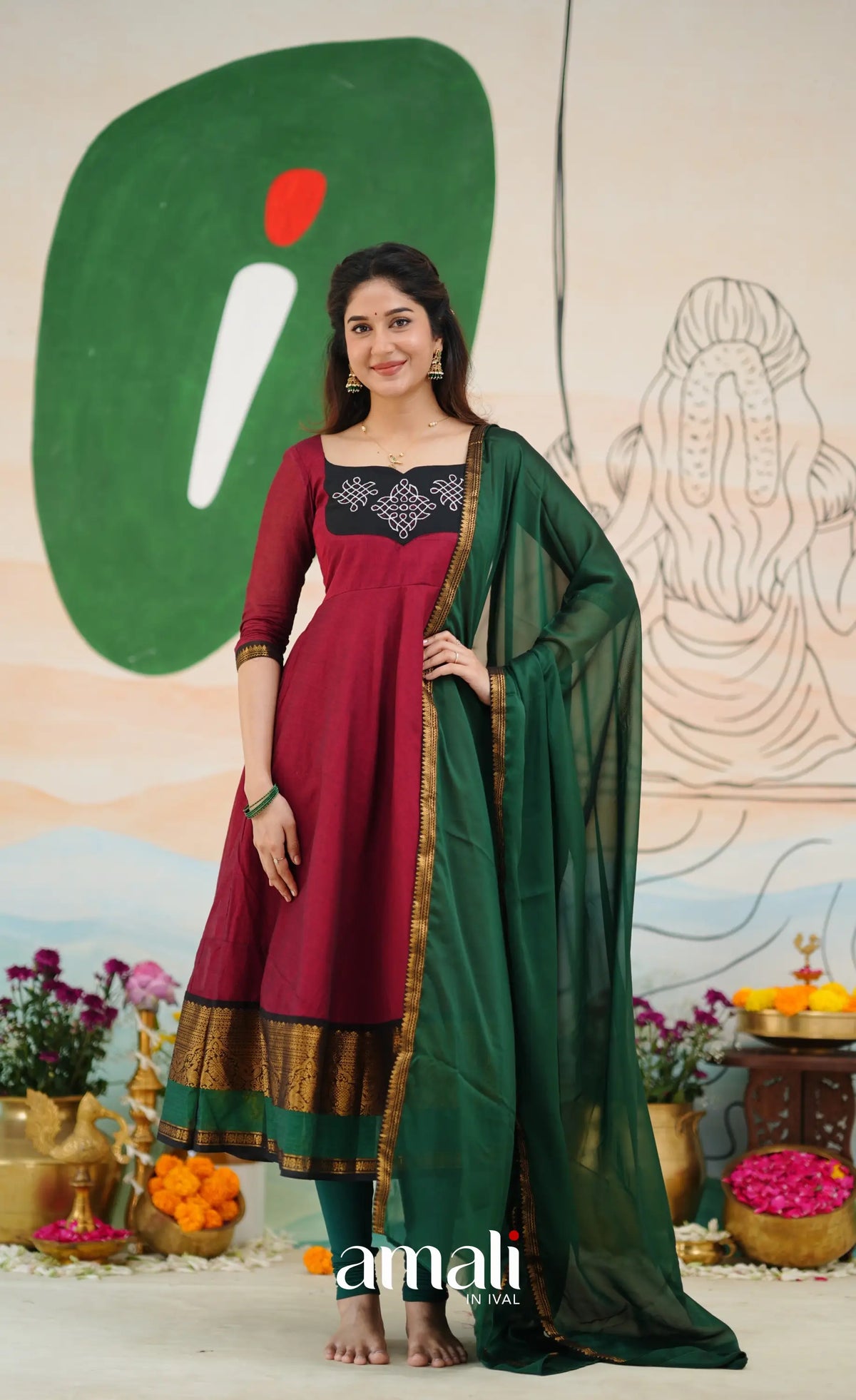 Red and Bottle Green Chettinad Cotton Anarkali Anarkalis