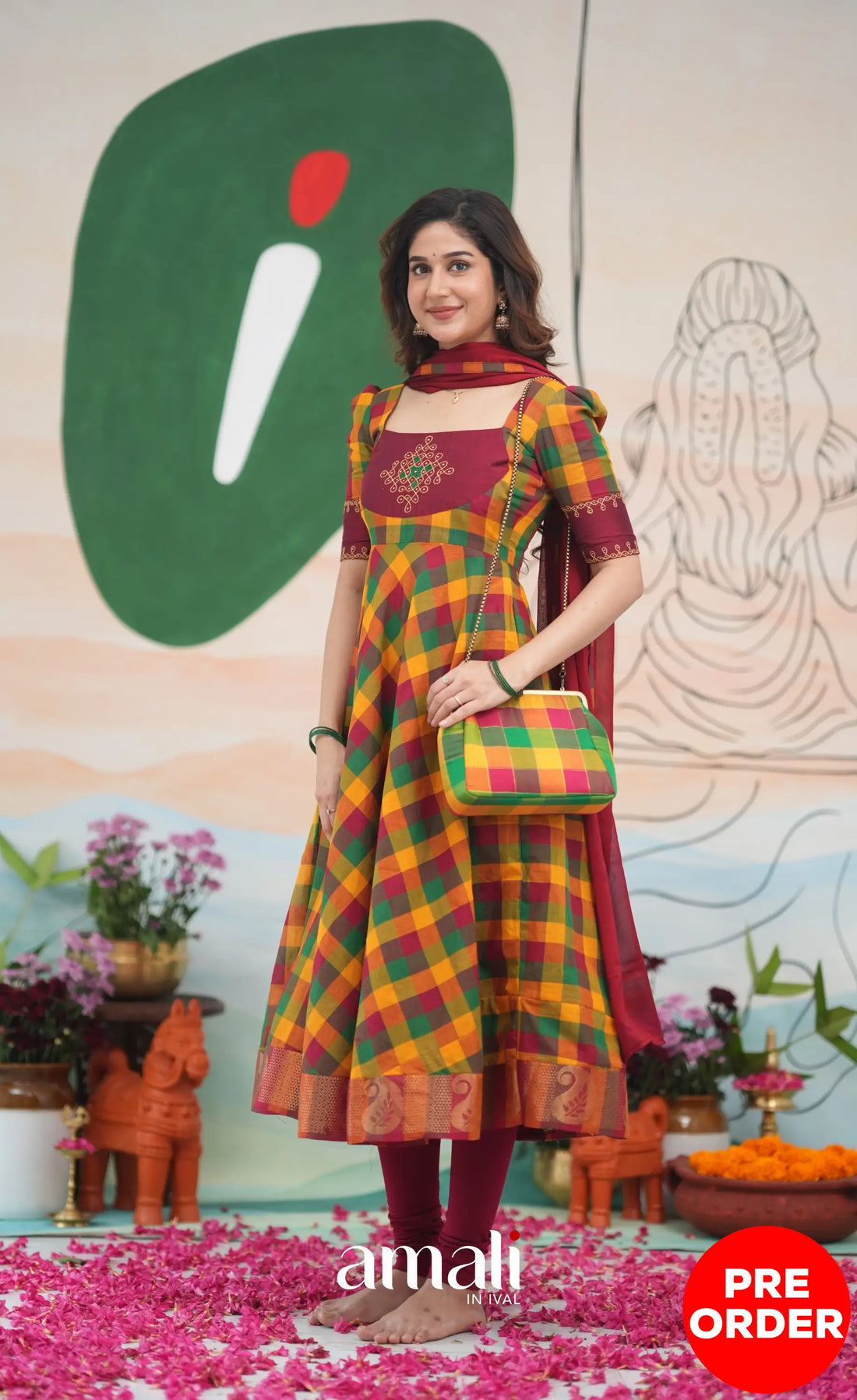 Red and Bottle Green Kandangi Checks Cotton Anarkali Anarkalis